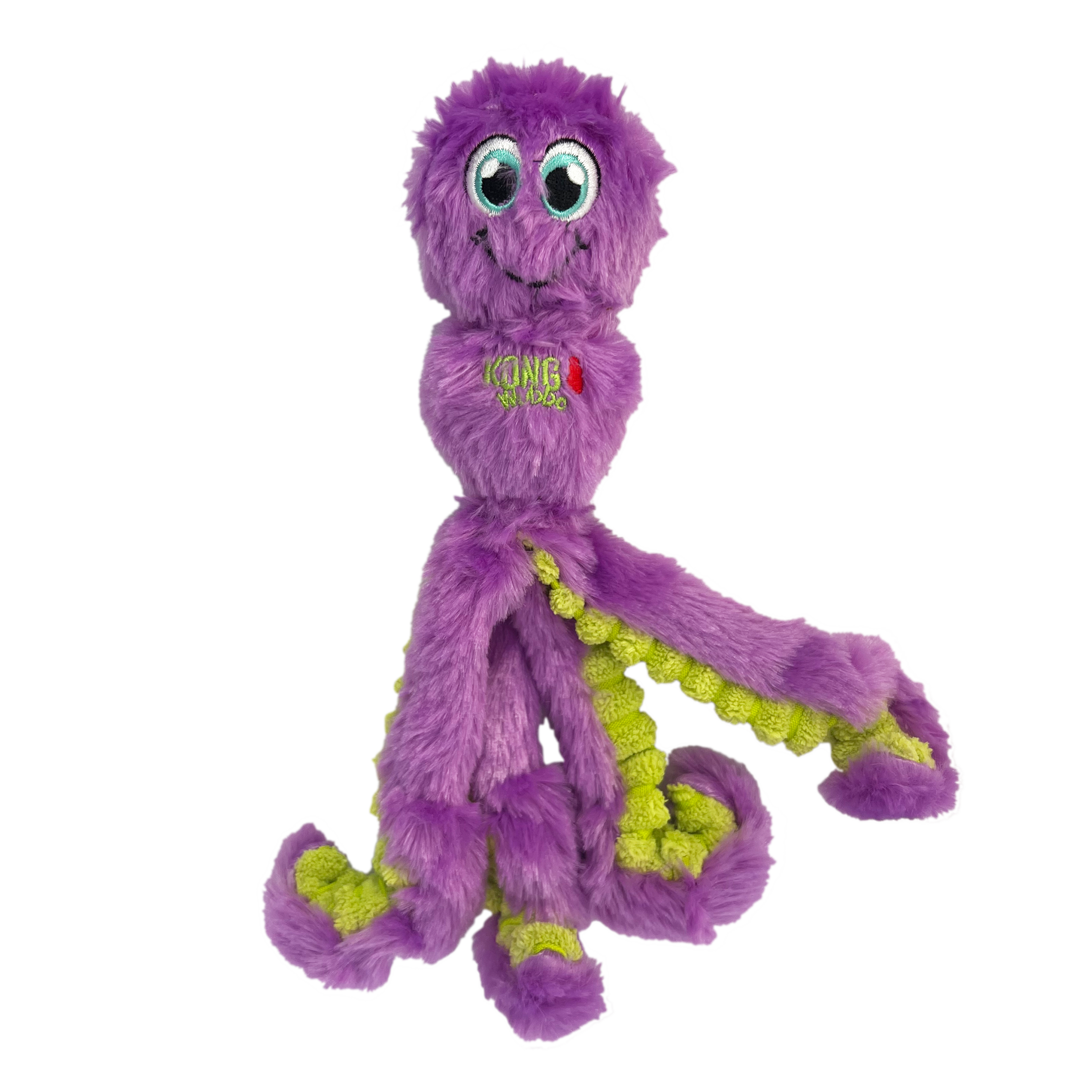 Ein plüschiges, Violettes Hundespielzeug in Oktopusform mit acht Beinen in Grün und Türkis. Es hat große, gestickte Augen und das KONG-Logo auf dem Körper eingestickt.