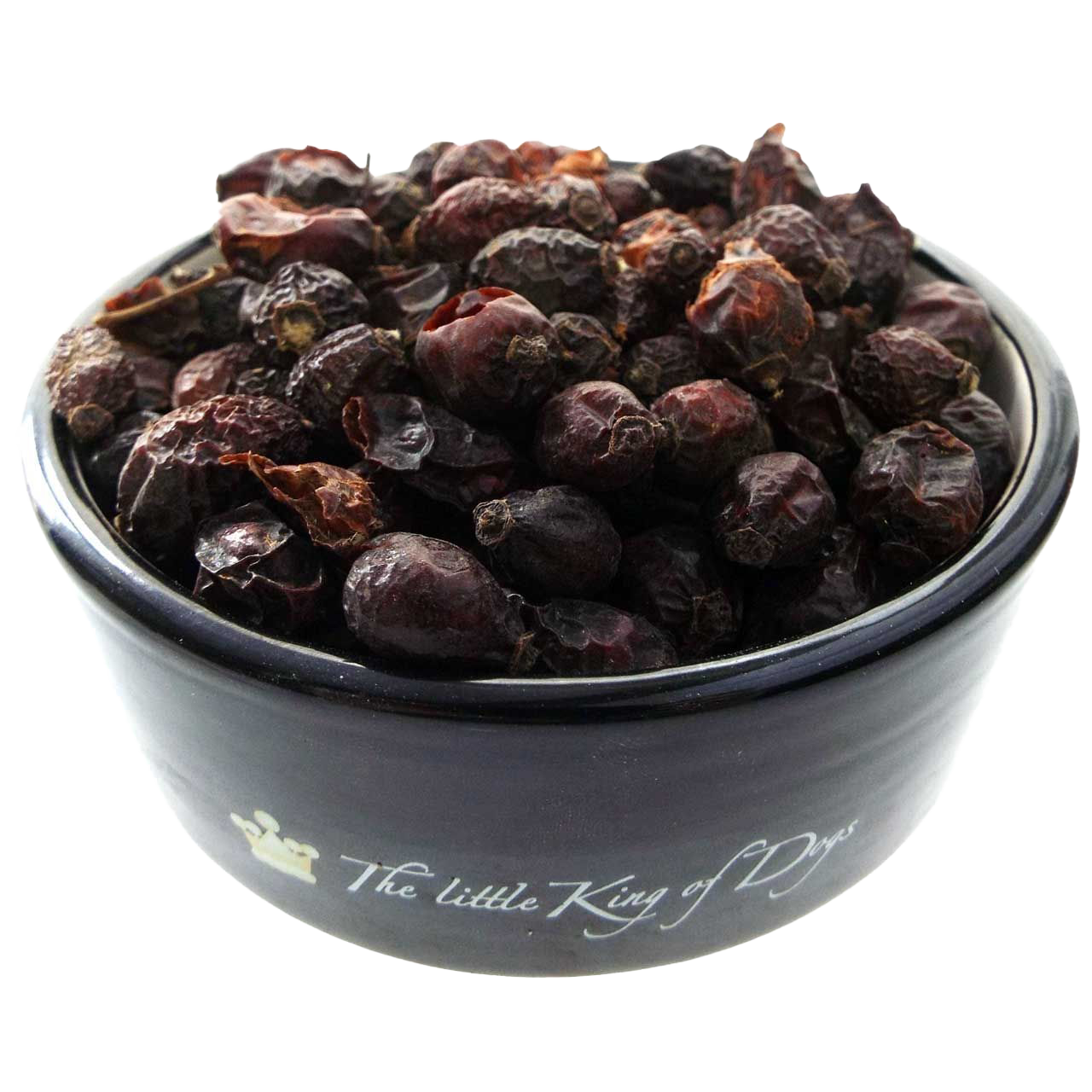 Getrocknete, dunkelrote Hagebutten mit runzliger Oberfläche in einem schwarzen Napf mit hellem Innenrand.