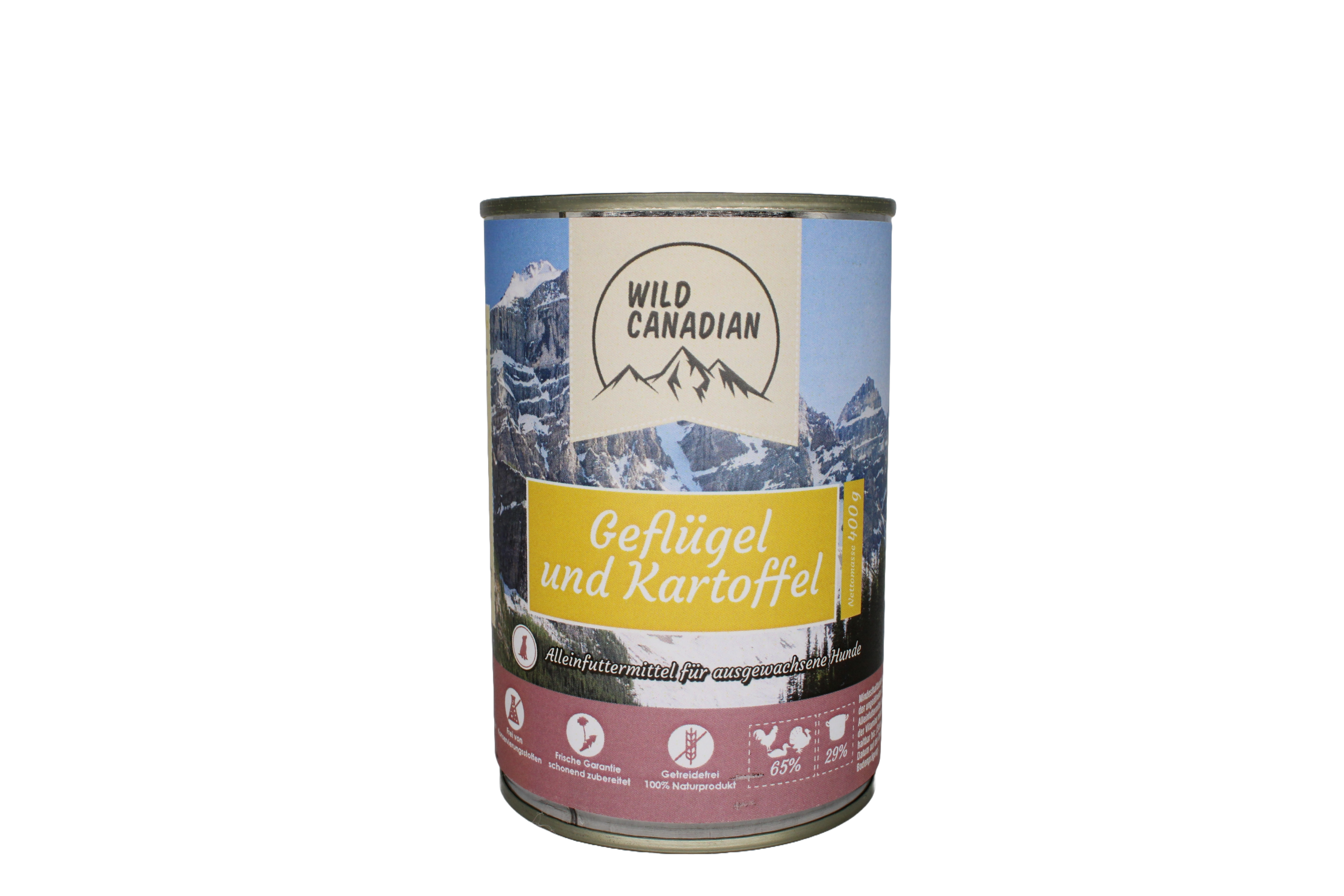 Eine Futterdose mit gelbem Etikett und der Aufschrift „Geflügel und Kartoffel“. Der Hintergrund zeigt eine verschneite Berglandschaft, unten befindet sich eine bordeauxfarbene Fläche mit Symbolen.
