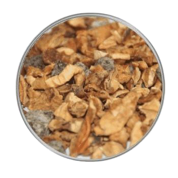 Ein Mix aus beige-braunen Apfel- und Pfirsichstücken, grob gehackt. Die Stücke unterscheiden sich leicht in Farbton und Form, mit wenigen dunkleren Einschlüssen