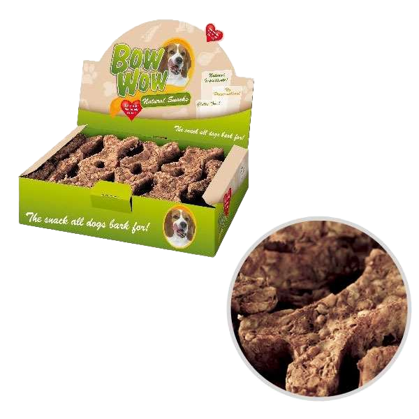 Eine grüne Displaybox mit „Bow Wow Natural Snack“ zeigt Hundesnacks und ein Hundebild. Eine Nahaufnahme unten rechts zeigt die Struktur der Snacks.