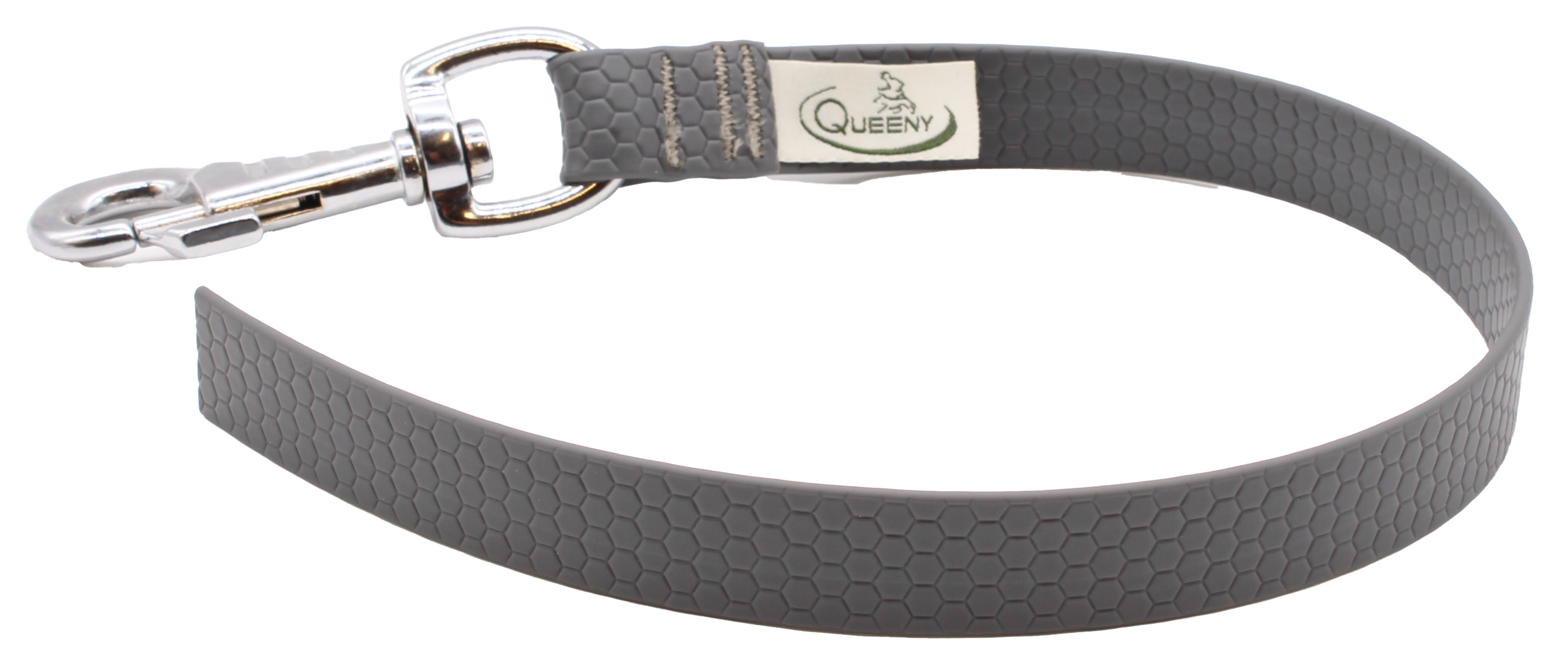 Eine graue Hundeleine von Queeny mit rutschfester Wabenstruktur und stabilem silbernem Karabinerhaken.