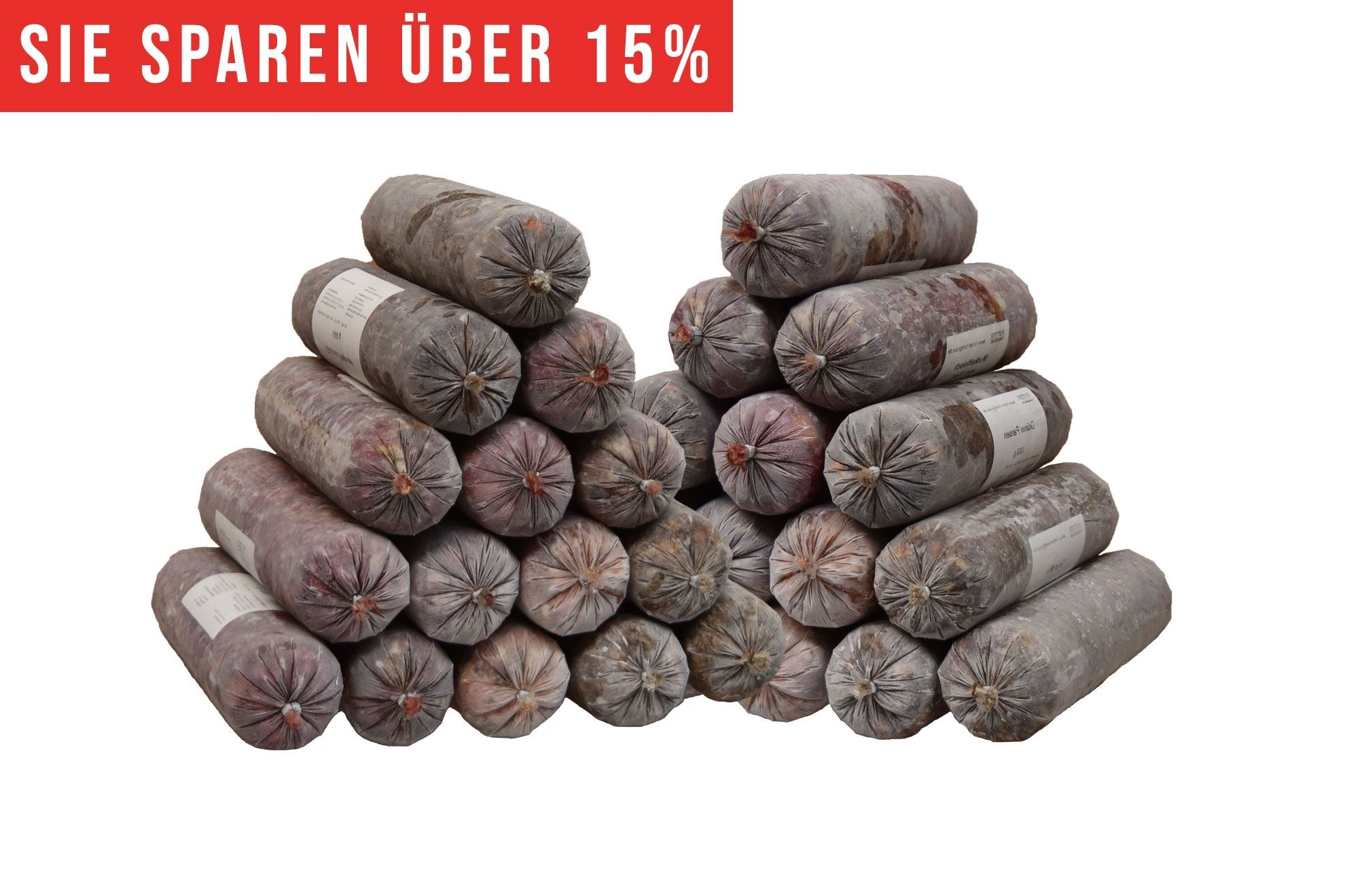 Sparpaket Aktiv "energy" 14 kg Zwei pyramidenförmig gestapelte Haufen aus gefrorenen Fleischrollen in grauem Kunstdarm. Die Füllung wirkt rötlich bis braun. Oben roter Hinweis „Sie sparen über 10 %“.