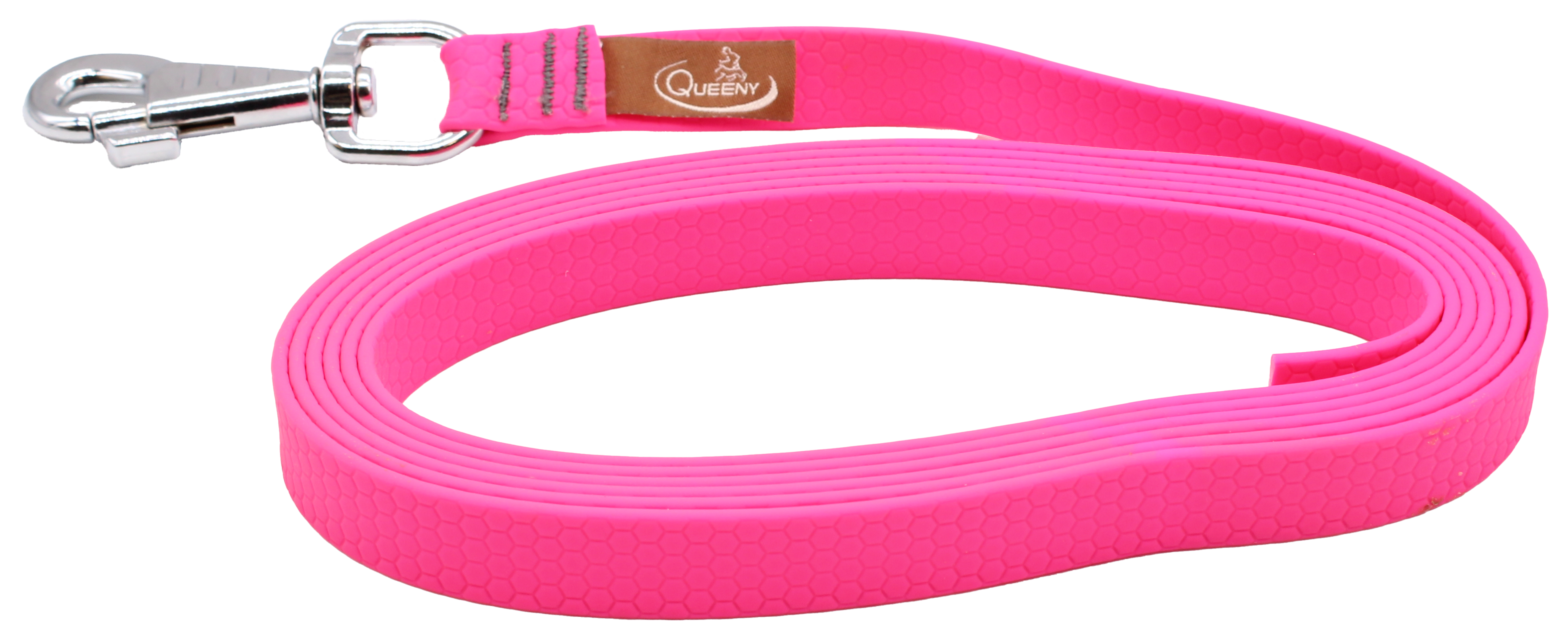 Hundeleine in Neonrosa mit strukturierter Oberfläche, Metallkarabiner am Ende und kleinem Label nahe dem Verschluss.