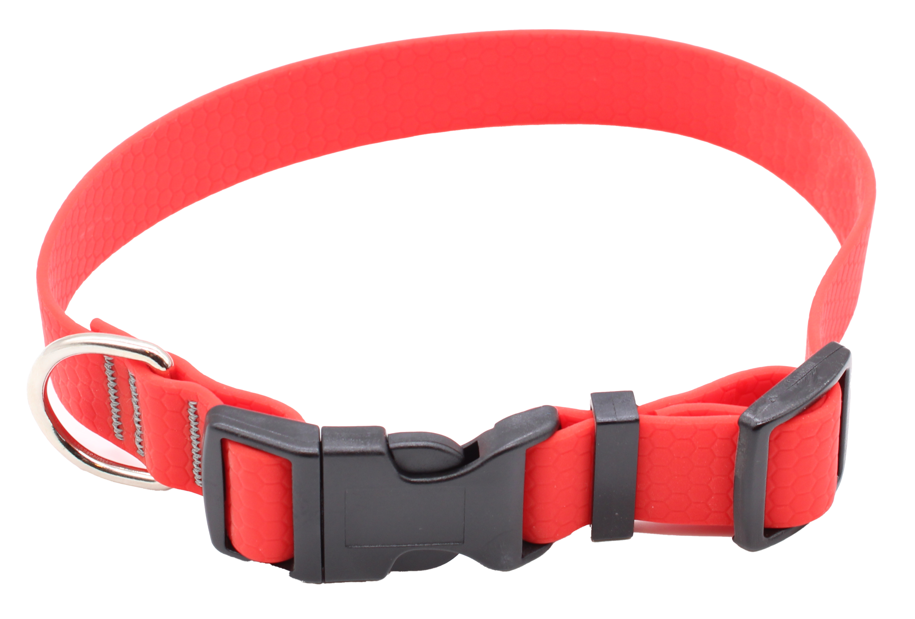Hundehalsband mit verstellbarem Riemen, Kunststoffschnalle und Metallring, strukturierte Oberfläche, Farbe: Süßigkeitenrot.