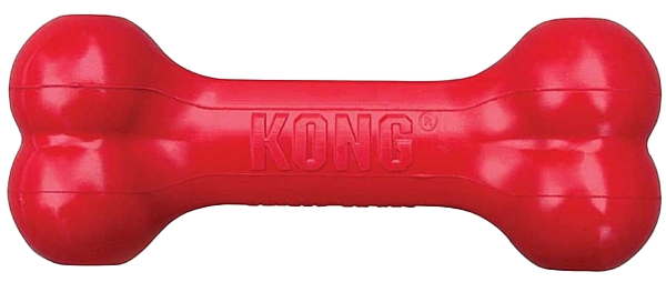 Rotes, knochenförmiges Hundespielzeug mit eingeprägtem KONG-Schriftzug in der Mitte.