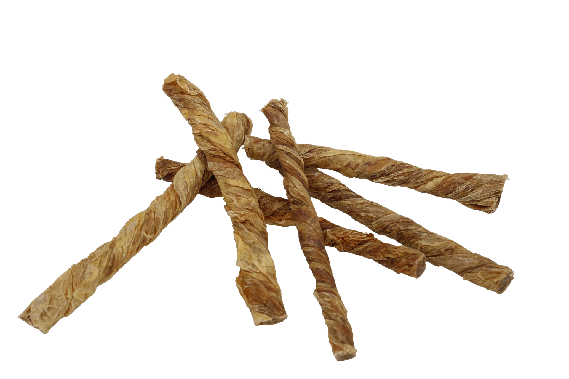 Gedrehte Kalbsblase als natürlicher Kausnack für Hunde, stabförmig und länglich geformt, in hellen beige- bis goldbraunen Farbtönen mit faseriger, trocken wirkender Oberfläche.