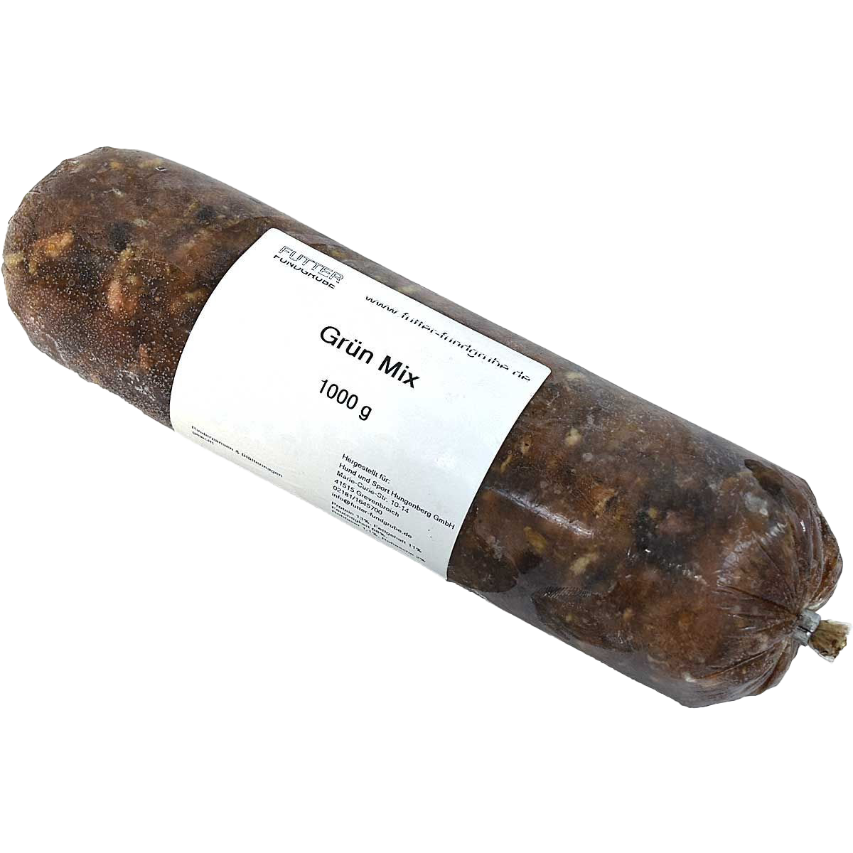 Frostfleischrolle mit dunkelrotem Inhalt, fest verpackt in einem nicht essbaren Kunstdarm,