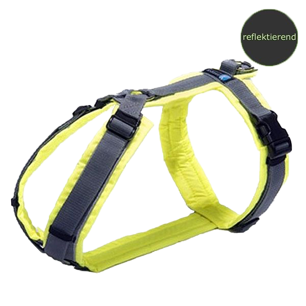 Ein gepolstertes Hundegeschirr in leuchtendem Neongelb mit grauen Gurtbändern, schwarzen Kunststoffverschlüssen und reflektierenden Elementen, ergonomisch geformt und freigestellt dargestellt.