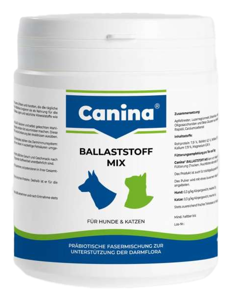 Weiße Kunststoffdose mit Etikett und blauen sowie grünen Grafiken von Hund und Katze; zylindrische Form, glatte Oberfläche.