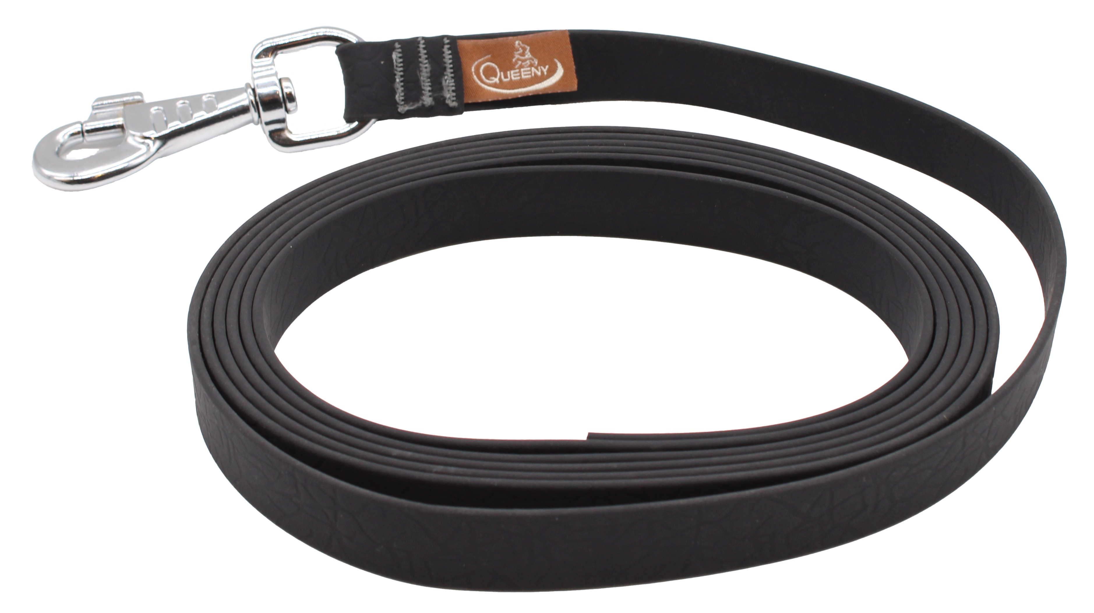 Hundeleine in Bark mit strukturierter Oberfläche, Metallkarabiner am Ende und kleinem Label nahe dem Verschluss.