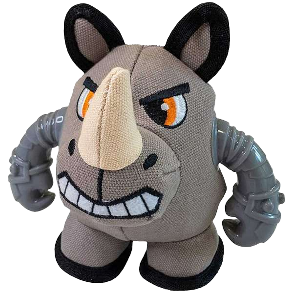 Graues Plüschtier in Nashornform mit großem beigem Horn, orange-schwarzen Augen, breitem Maul mit Zähnen und mechanisch wirkenden Armen aus grauem Kunststoff.