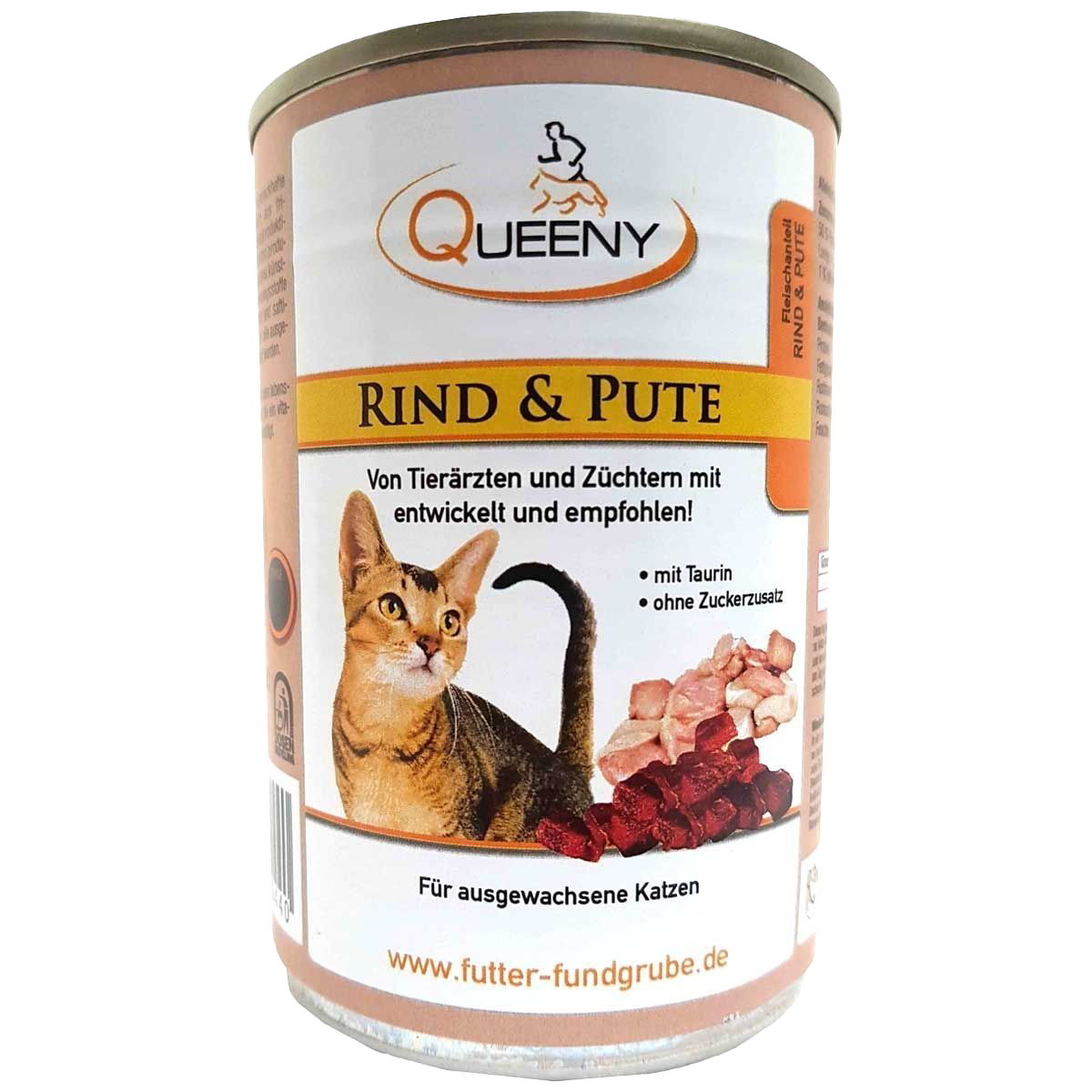 Dose Katzenfutter der Marke Queeny mit gelbem Etikett, Aufschrift ‚Rind & Pute‘ sowie weiteren Angaben zur Zusammensetzung und Eignung.