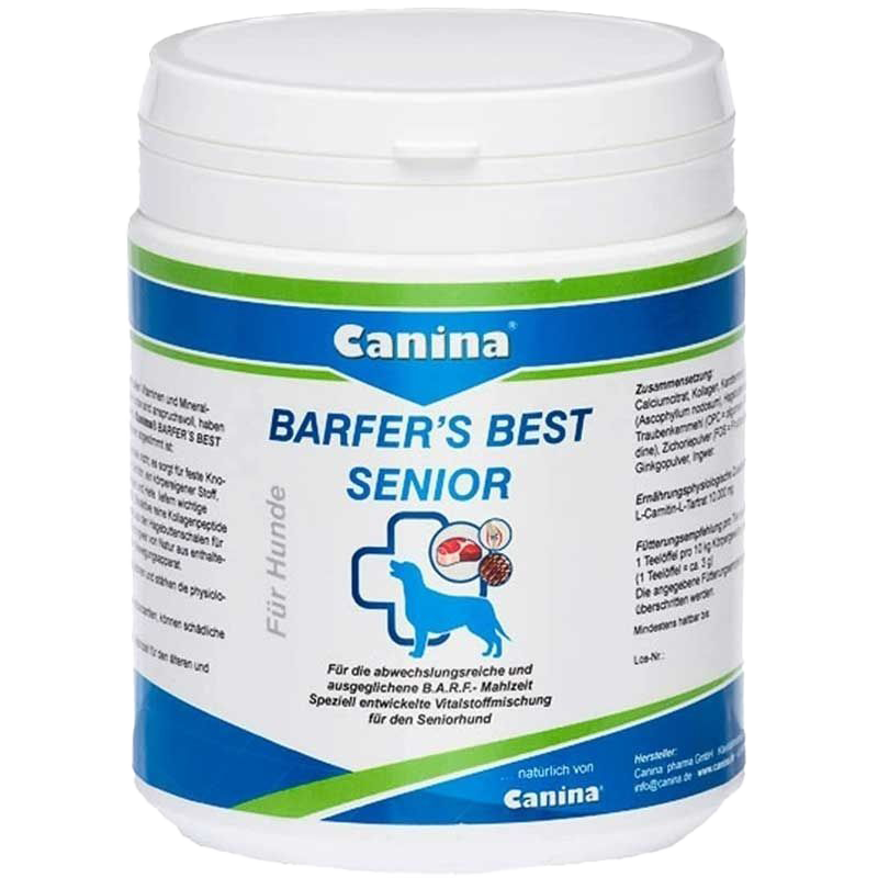 Weiße Dose mit blau-grüner Aufschrift „Canina BARFER'S BEST SENIOR – Für Hunde“. Text zur B.A.R.F.-Mahlzeit für ältere Hunde, darunter: „… natürlich von Canina“.