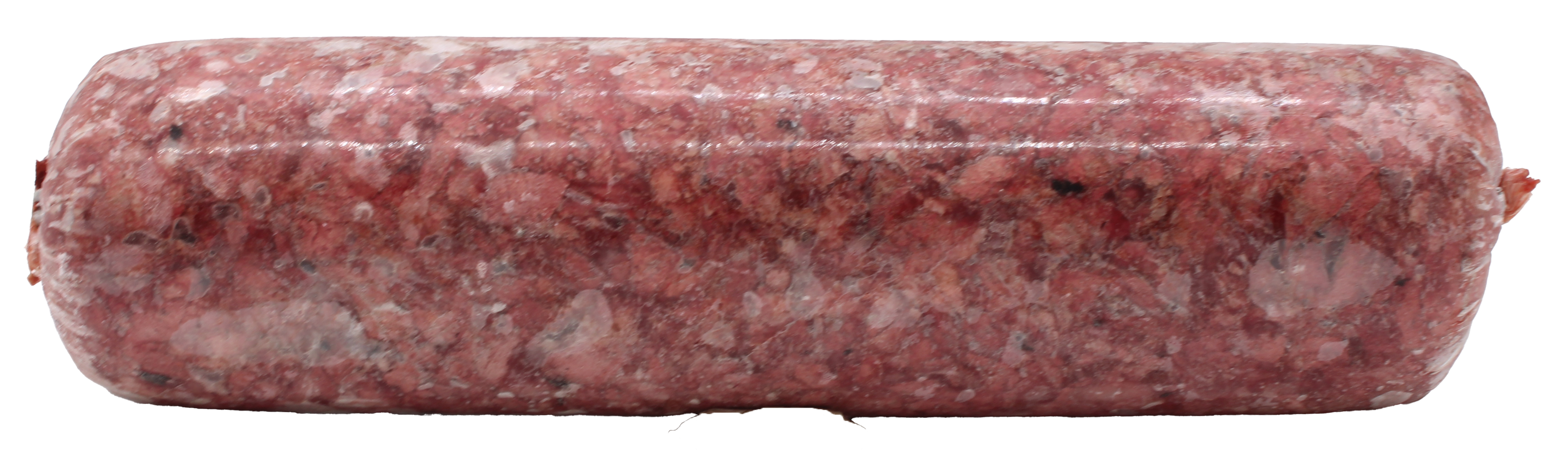 Lamm-Mix 7 x 1000 g Eine Frostfleischrolle mit grob gewolftem, rot-rosa Inhalt und weißen Fettstücken. Die Oberfläche ist glatt, glänzend und leicht gefroren. Verpackt in einem nicht essbaren Kunstdarm.