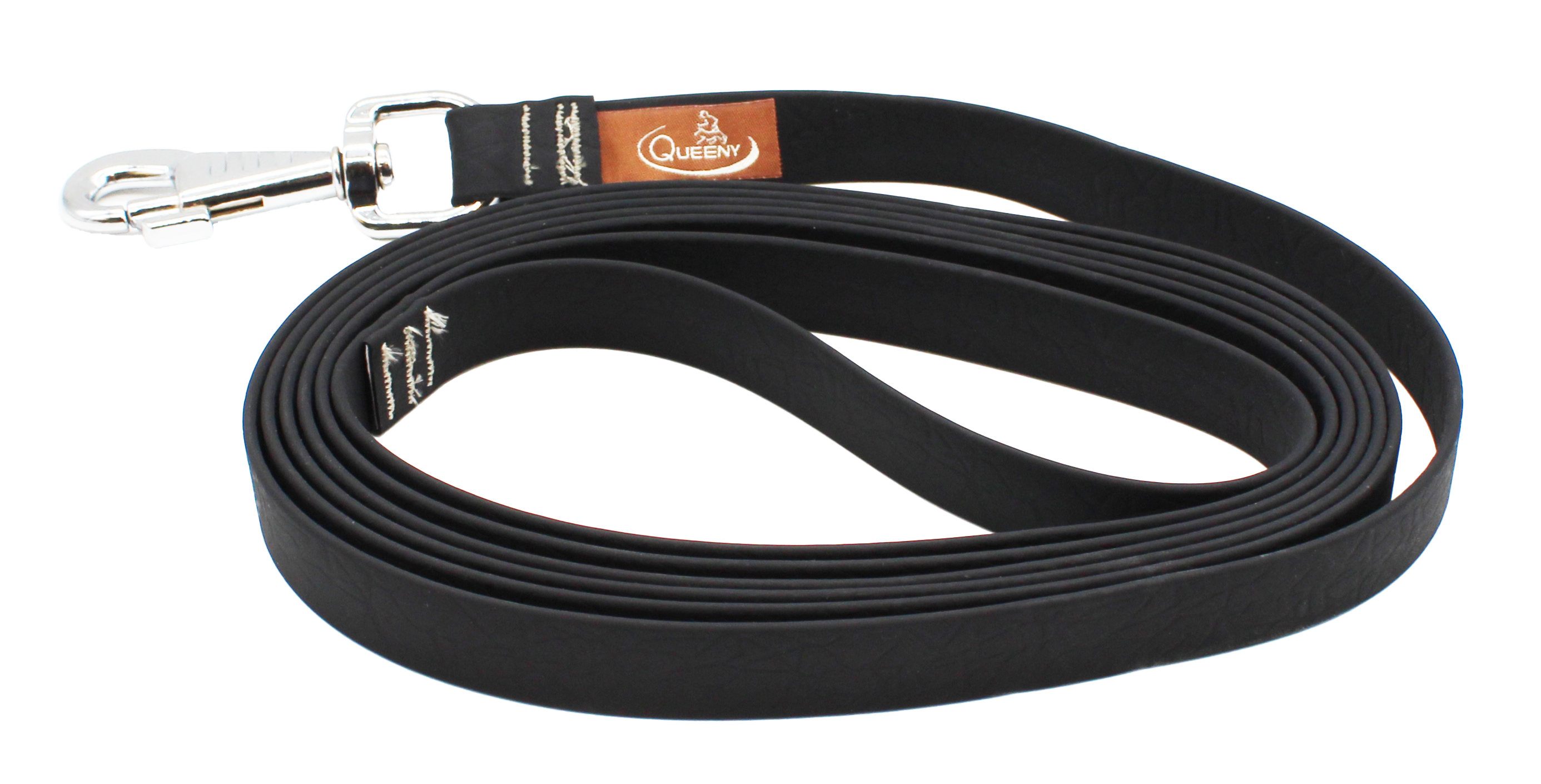 Hundeleine in Bark mit strukturierter Oberfläche, Metallkarabiner am Ende und kleinem Label nahe dem Verschluss.