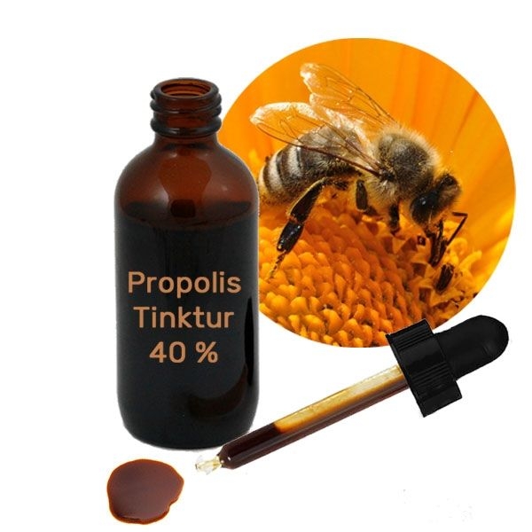 Eine braune Glasflasche mit der Aufschrift ‚Propolis Tinktur 40 %‘, daneben eine Pipette mit brauner Flüssigkeit und im Hintergrund eine Biene auf einer Blüte.