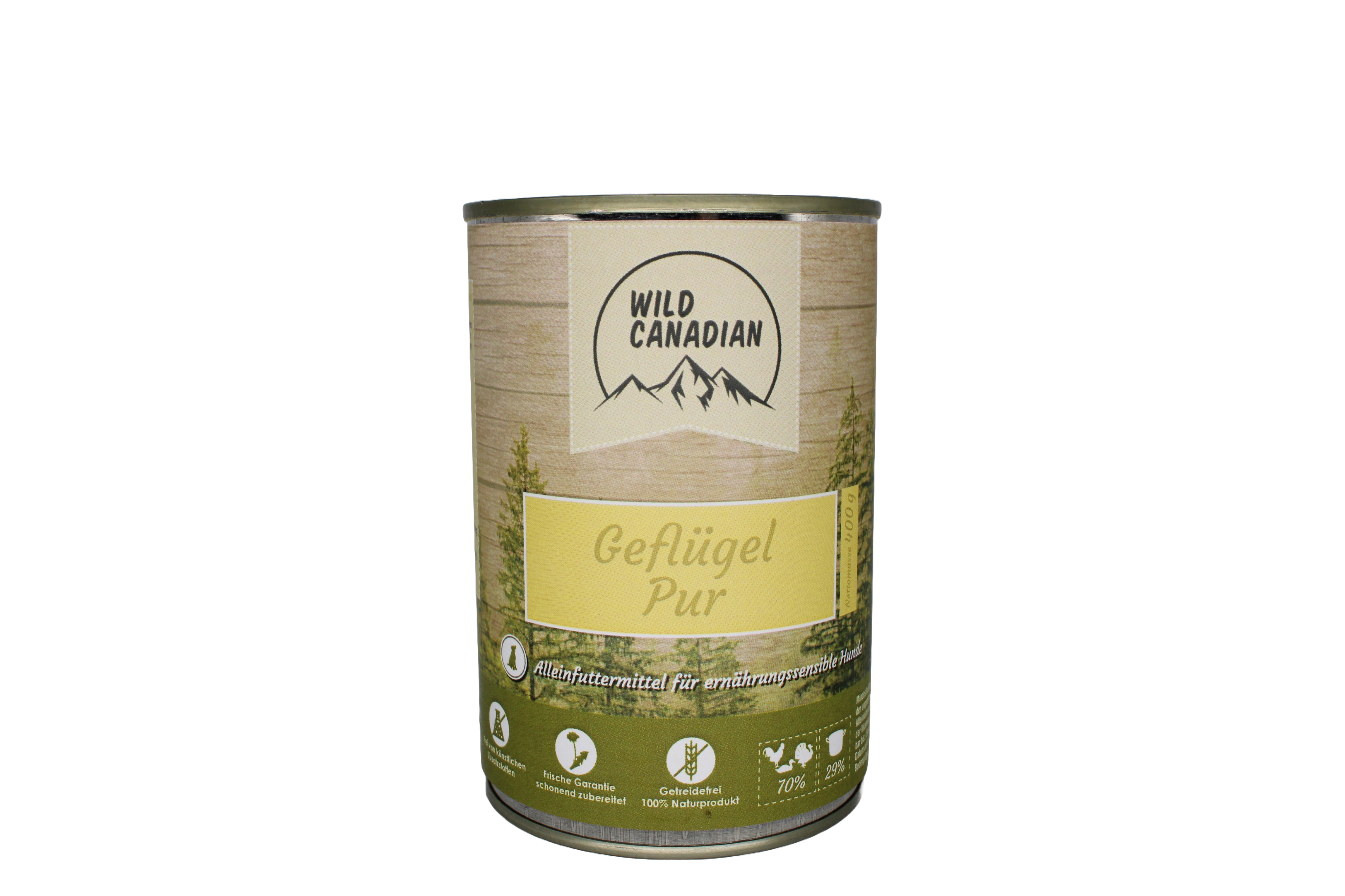 Eine Futterdose mit beigem Etikett und gelbem Feld mit der Aufschrift „Geflügel Pur“. Unten dunkelgrüne Fläche mit Symbolen für Fleischanteil, Frische-Garantie und Getreidefreiheit.