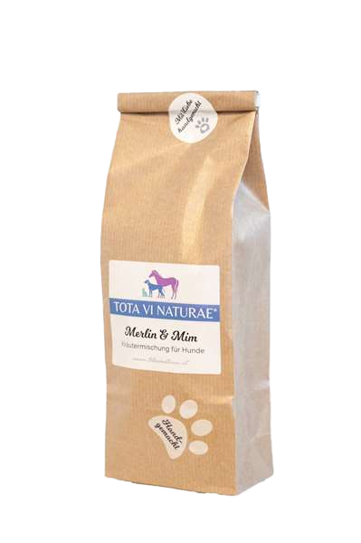 Braune Papiertüte mit Etikett, darauf Illustration eines lilafarbenen Pferdes, eines blauen Hundes und einer blauen Katze, unten weiße Pfote mit Schriftzug.