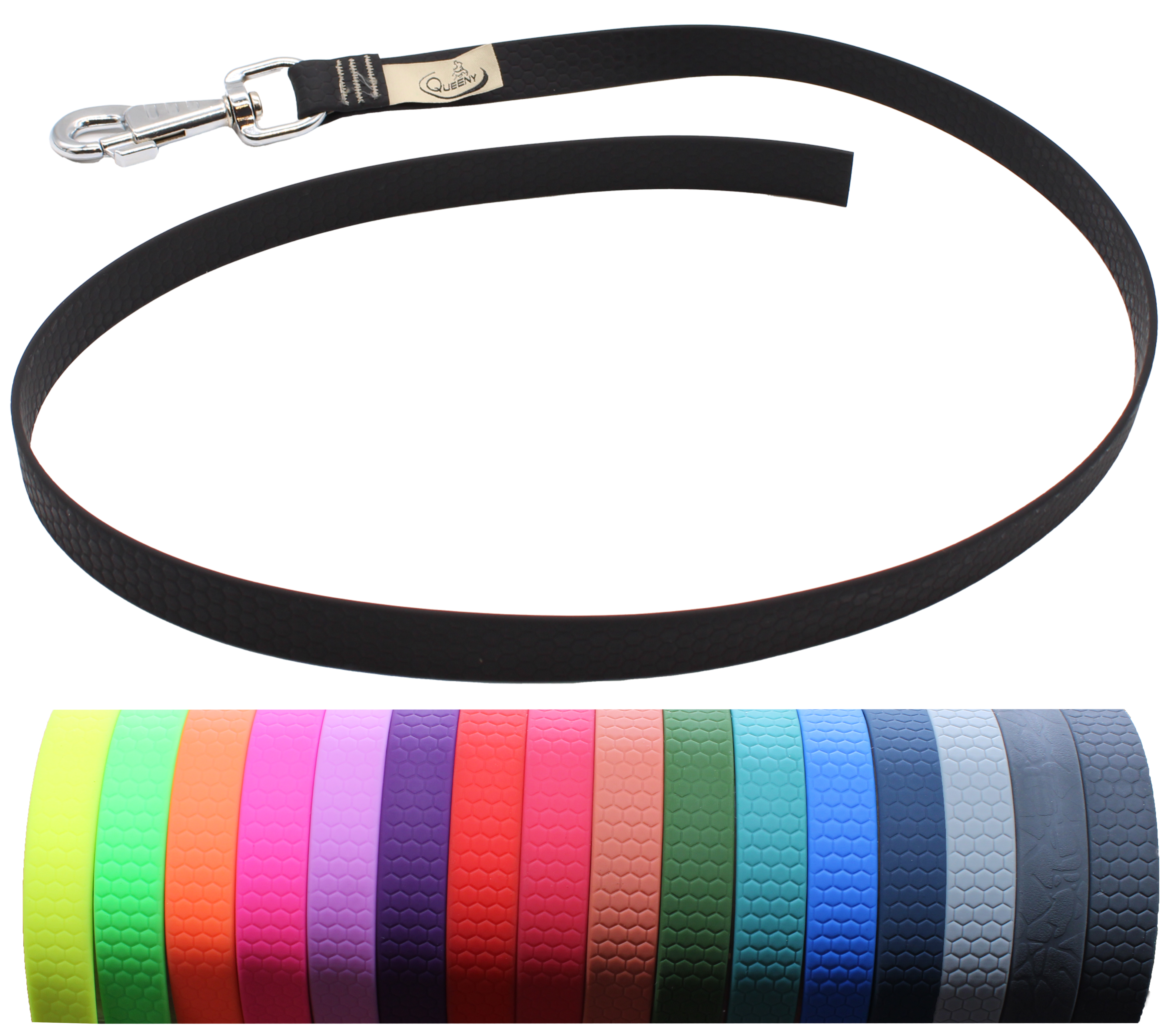 Eine Hundeleine mit Wabenstruktur und silbernem Karabinerhaken, hier in Schwarz gezeigt. Darunter sind die weiteren verfügbaren Farben von Gelb über Grün, Pink und Blau bis Grau abgebildet.
