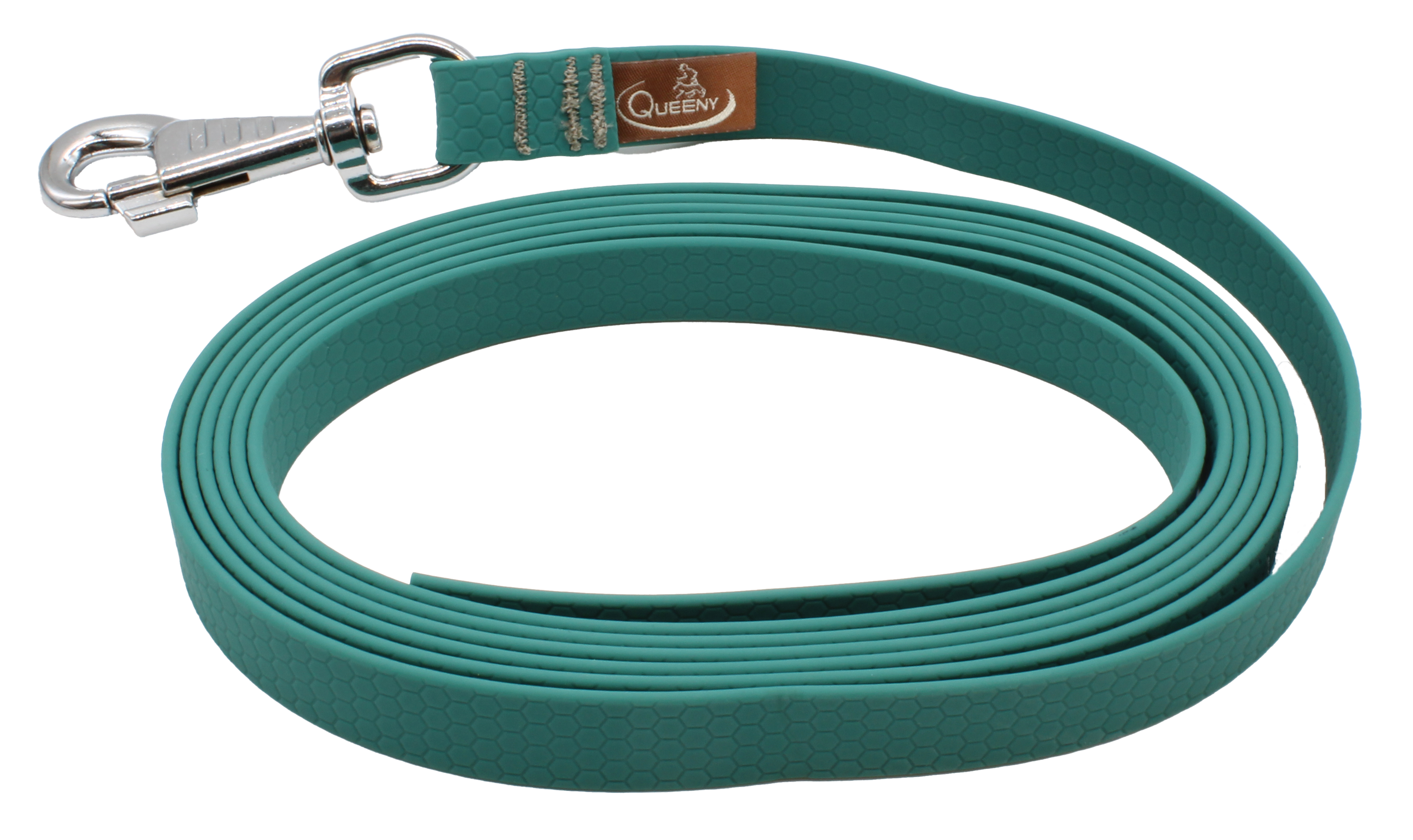 Hundeleine in Jägergrün Farbe mit strukturierter Oberfläche, Metallkarabiner am Ende und kleinem Label nahe dem Verschluss.
