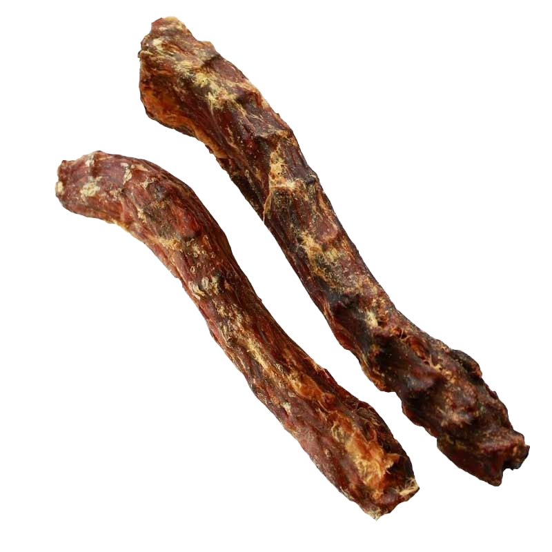 Zwei getrocknete Entenhälse mit länglicher, leicht gebogener Form. Die Oberfläche ist rötlich-braun, trocken und leicht glänzend, mit sichtbaren Fasern und Knochenteilen.