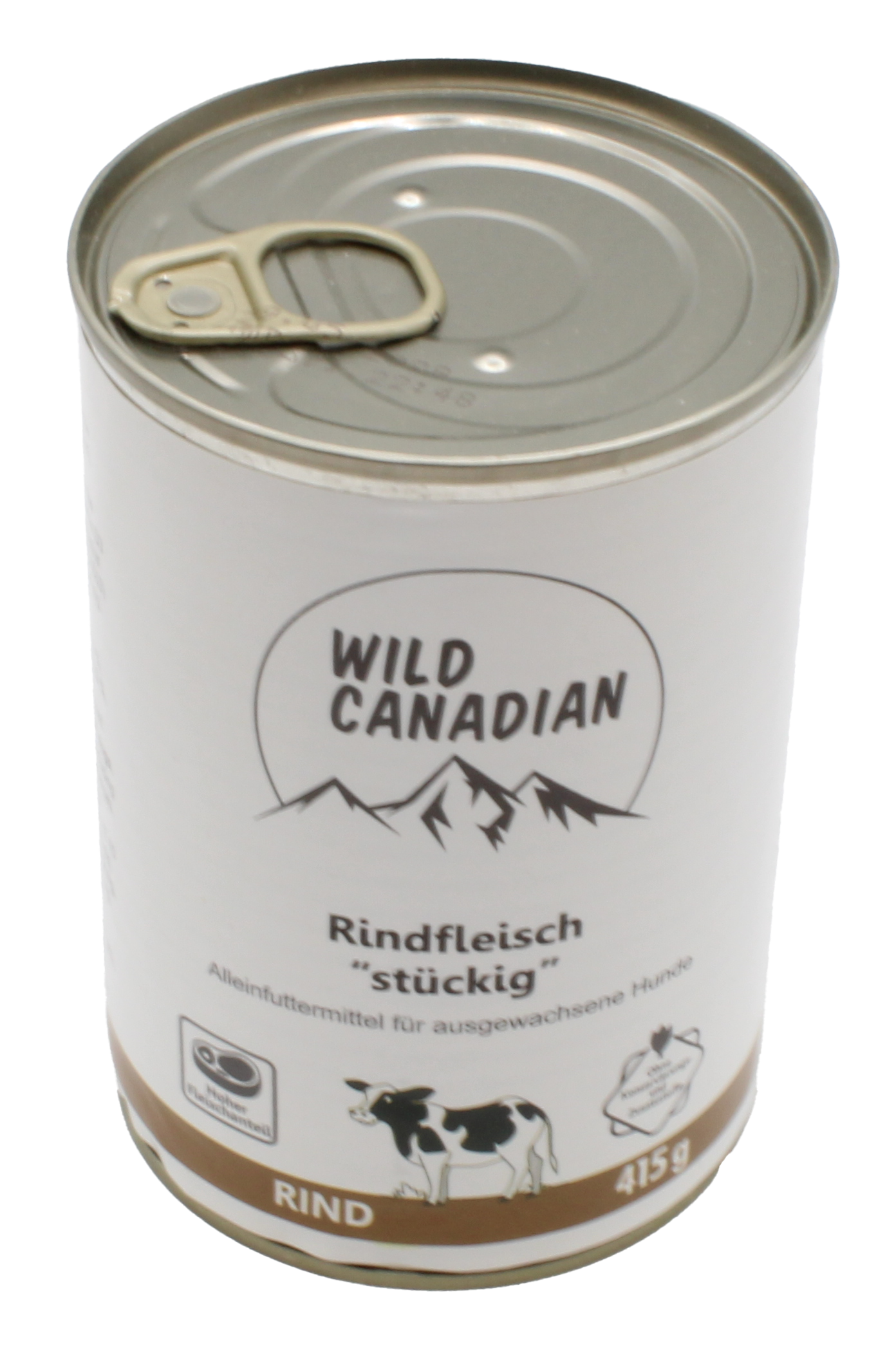 Zylindrische Dose mit Hundefutter, weißes Etikett mit Bergmotiv und Kuhillustration; schlichtes Design, metallischer Deckel oben sichtbar.