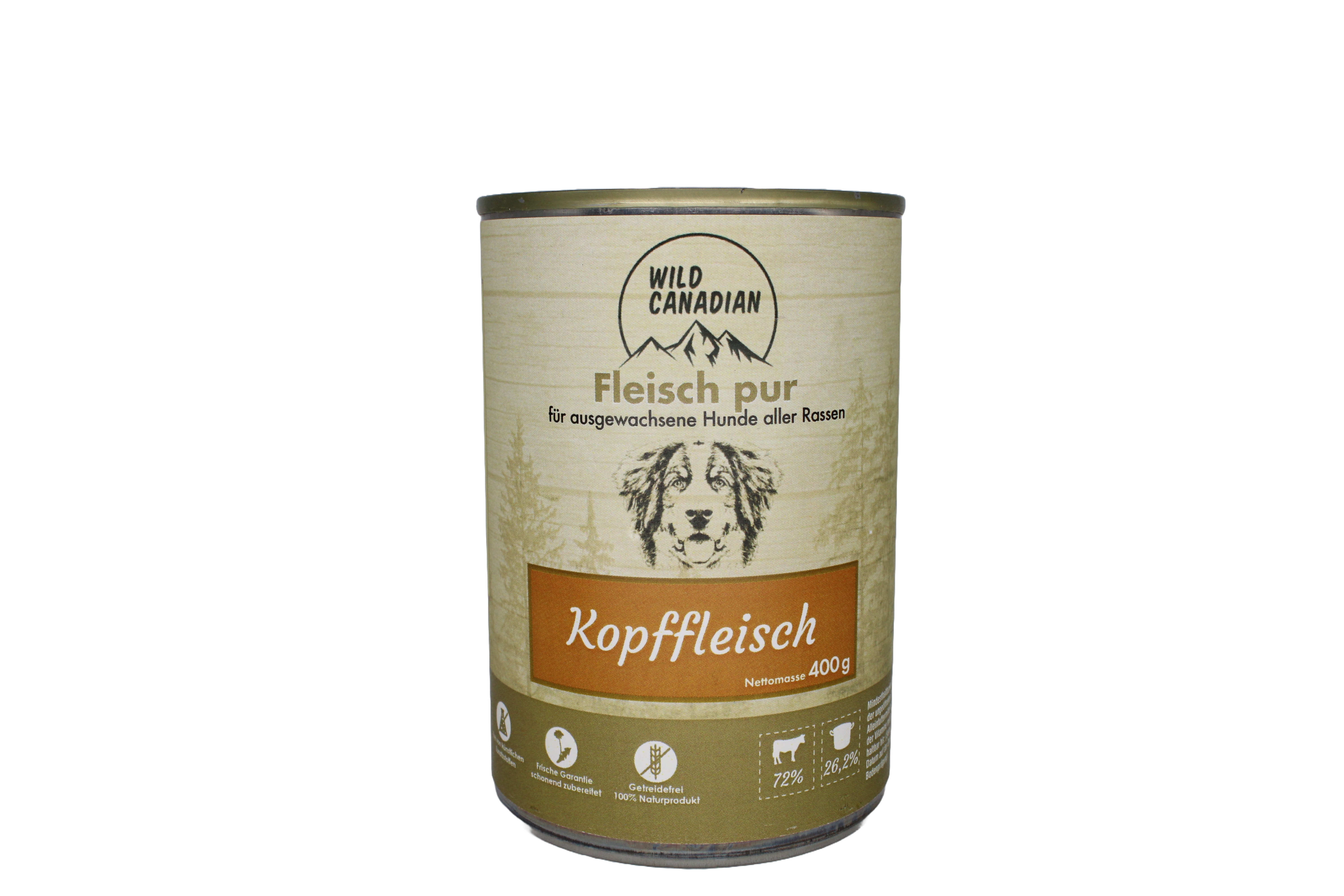 Eine zylindrische Futterdose mit beigem Etikett und der Aufschrift „Wild Canadian – Kopffleisch“. Unten sind Piktogramme sowie ein gezeichneter Hundekopf abgebildet.
