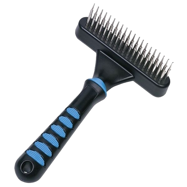 Schwarzer und blauer Fellpflege-Rake mit zwei Reihen Metallzinken, ergonomischem Griff mit Gummielementen zur Entfernung loser Haare und Verfilzungen.