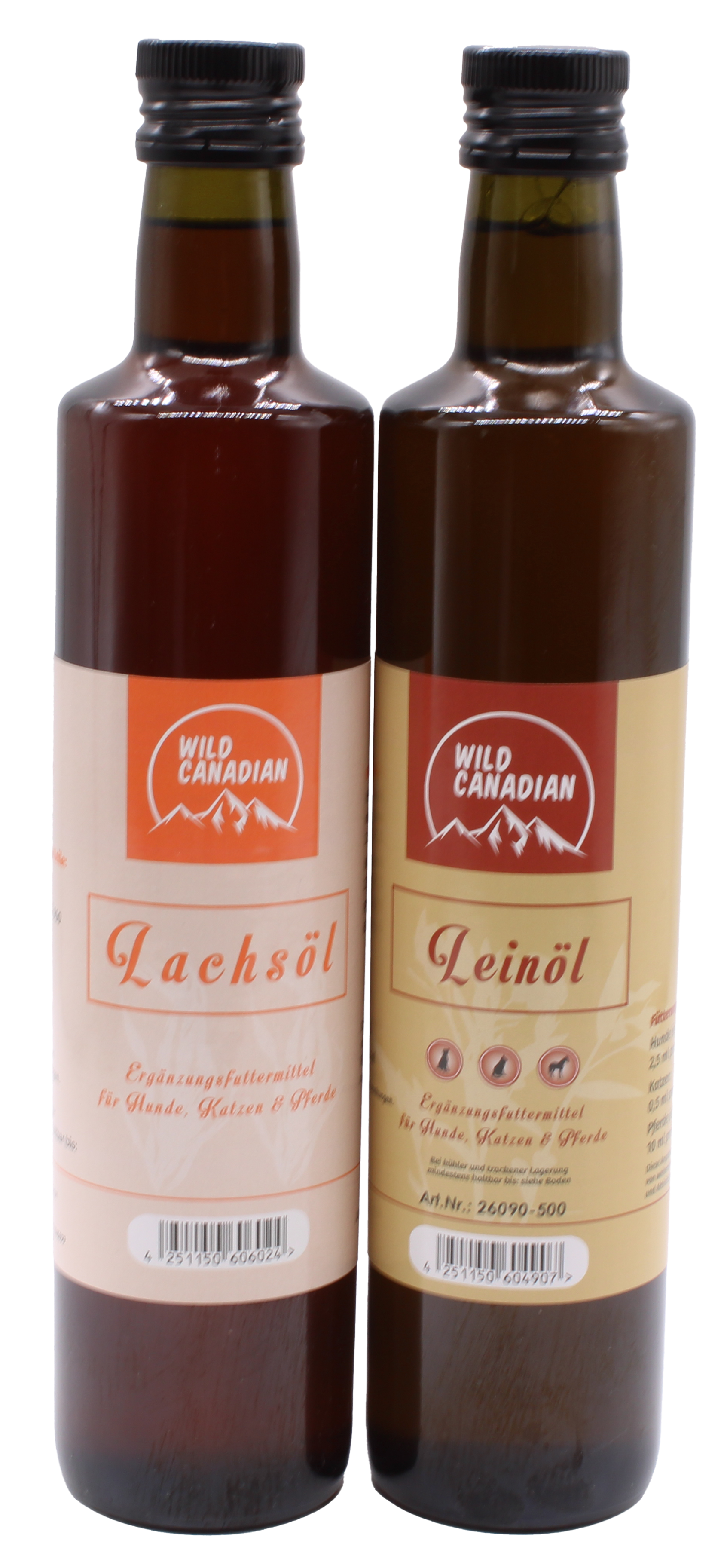 2er Set: Leinöl 500ml und Lachsöl 500ml Zwei braune Glasflaschen mit schwarzem Schraubverschluss und Etiketten der Marke „Wild Canadian“. Links steht „Lachsöl“ mit Fischabbildung, rechts „Leinöl“ mit Leinsamen und Blüten.
