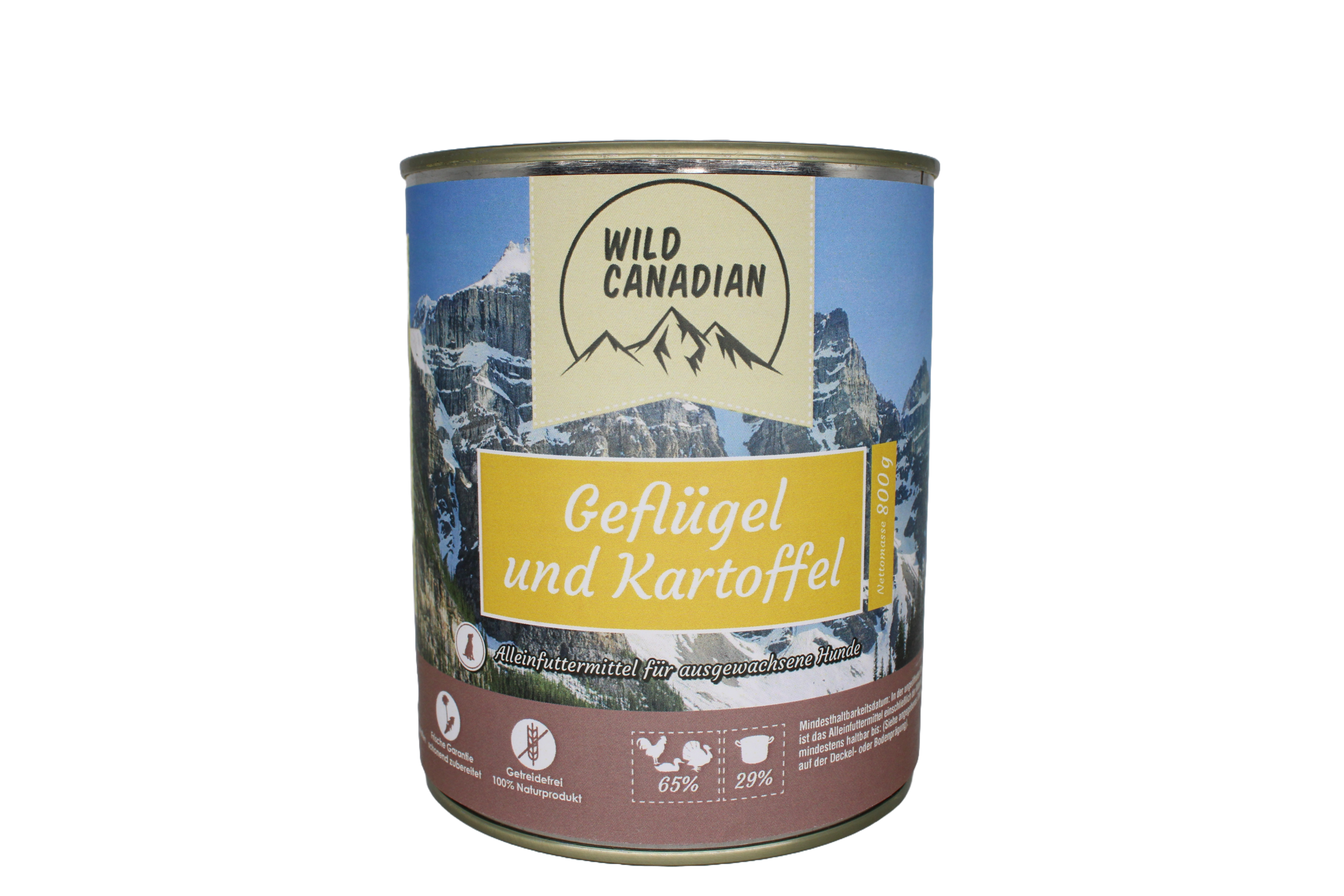 Eine Futterdose mit gelbem Etikett und der Aufschrift „Geflügel und Kartoffel“. Der Hintergrund zeigt eine verschneite Berglandschaft, unten befindet sich eine bordeauxfarbene Fläche mit Symbolen.