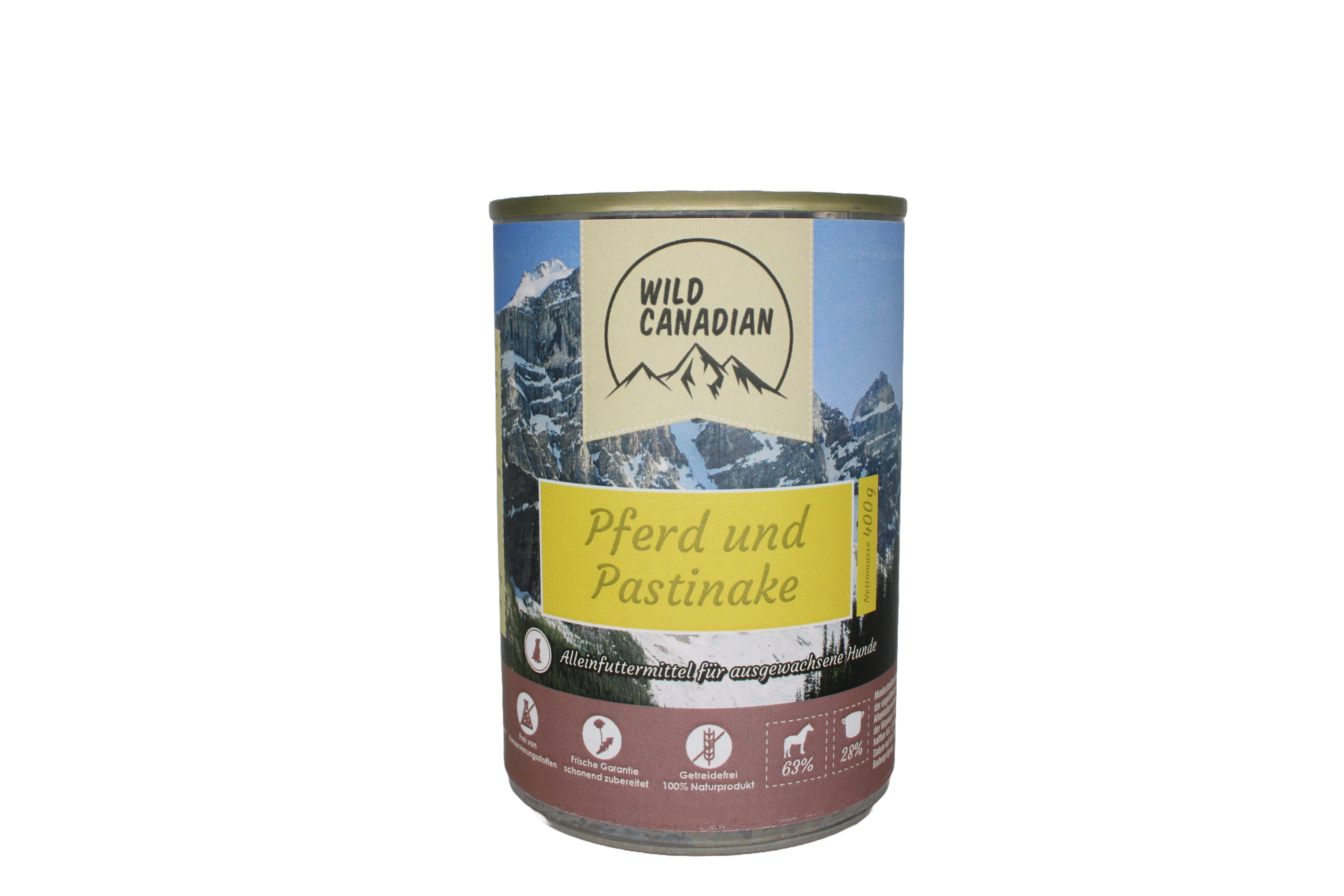 Eine Futterdose mit hellblauem Etikett und gelbem Schriftfeld mit der Aufschrift „Pferd und Pastinake“. Die Dose trägt Symbole zu Inhaltsstoffen und ist für ausgewachsene Hunde gedacht.