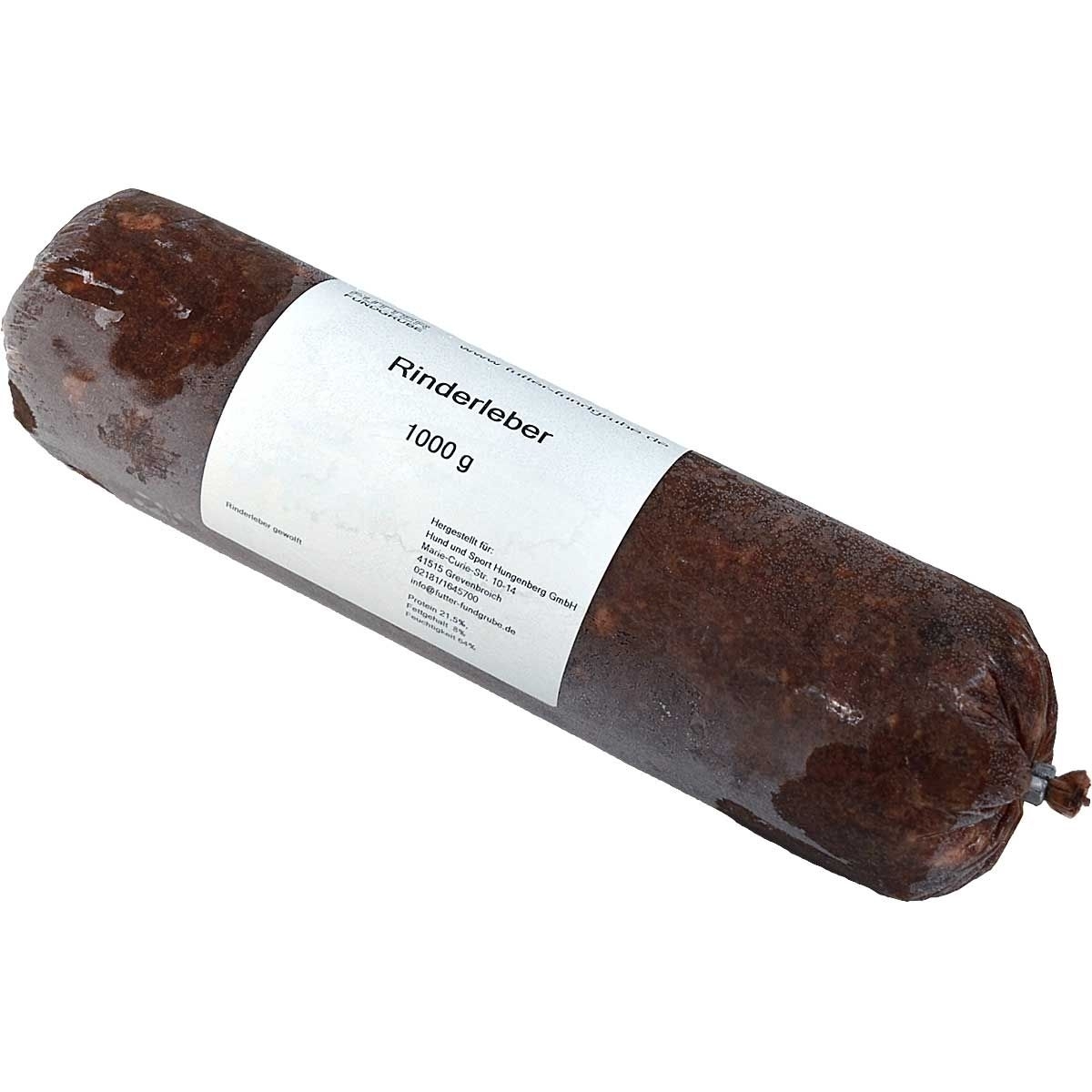 Rinderleber gewolft 14 x 1000g Eine Frostfleischrolle mit weißem Etikett und der Aufschrift „Rinderleber“. Verpackt in einem nicht essbaren Kunstdarm. Die Füllung ist fein gewolft und dunkelbraun.