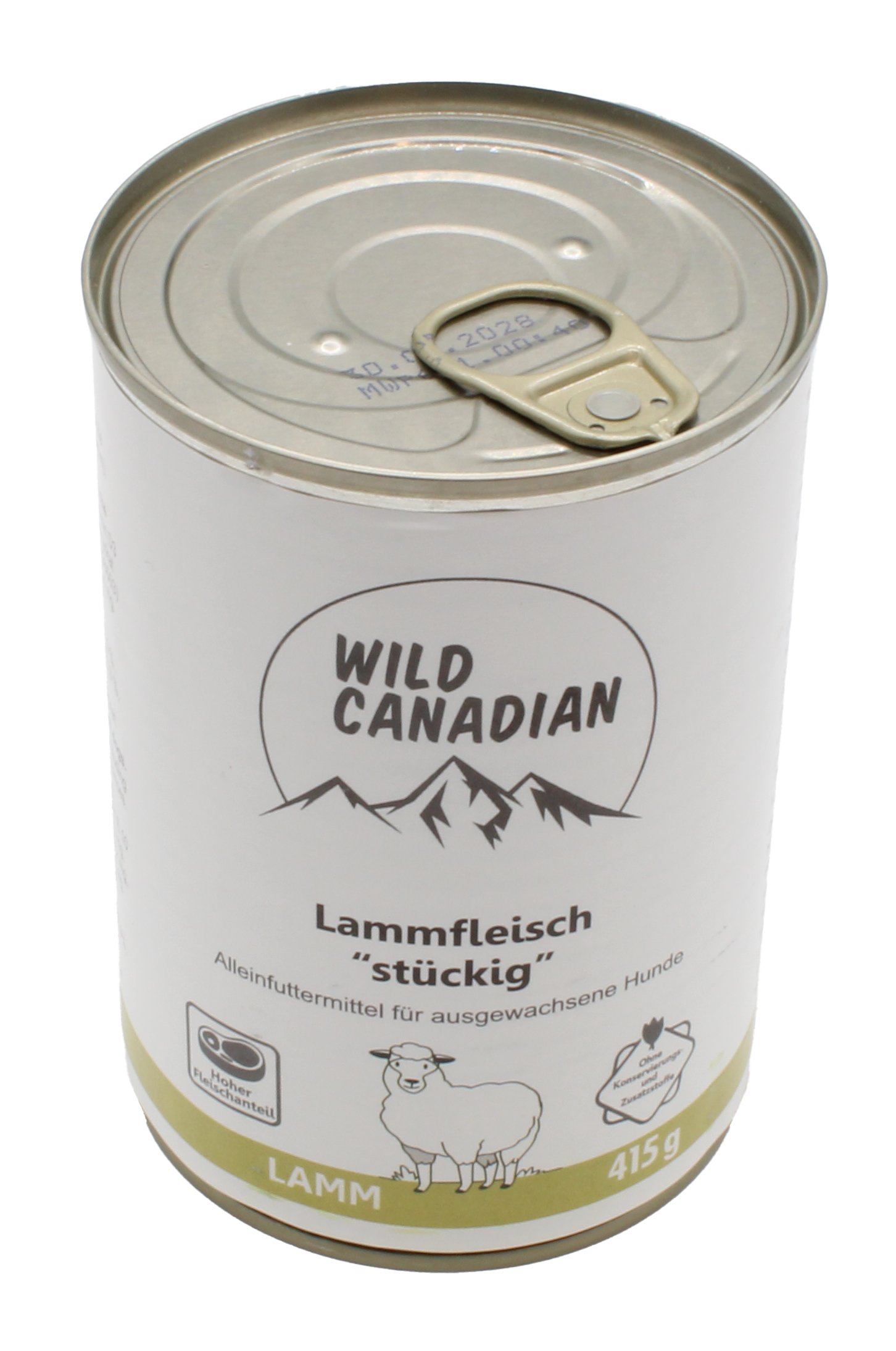 Zylindrische Dose mit Hundefutter, weißes Etikett mit Bergmotiv und Lammillustration; schlichtes Design, metallischer Deckel oben sichtbar.