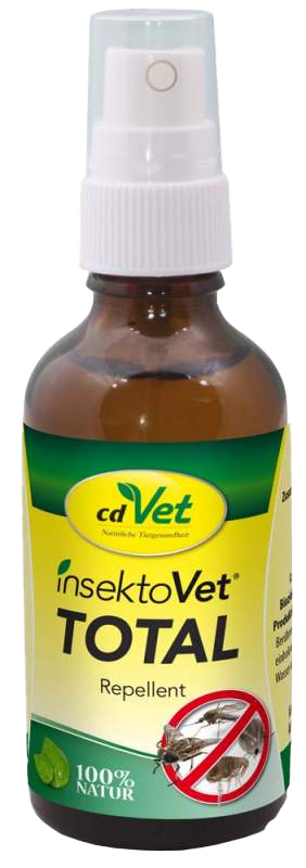 Braune Sprühflasche mit weißem Sprühkopf und Kappe, zylindrische Form, glatte Oberfläche, Etikett mit Symbol eines durchgestrichenen Insekts.