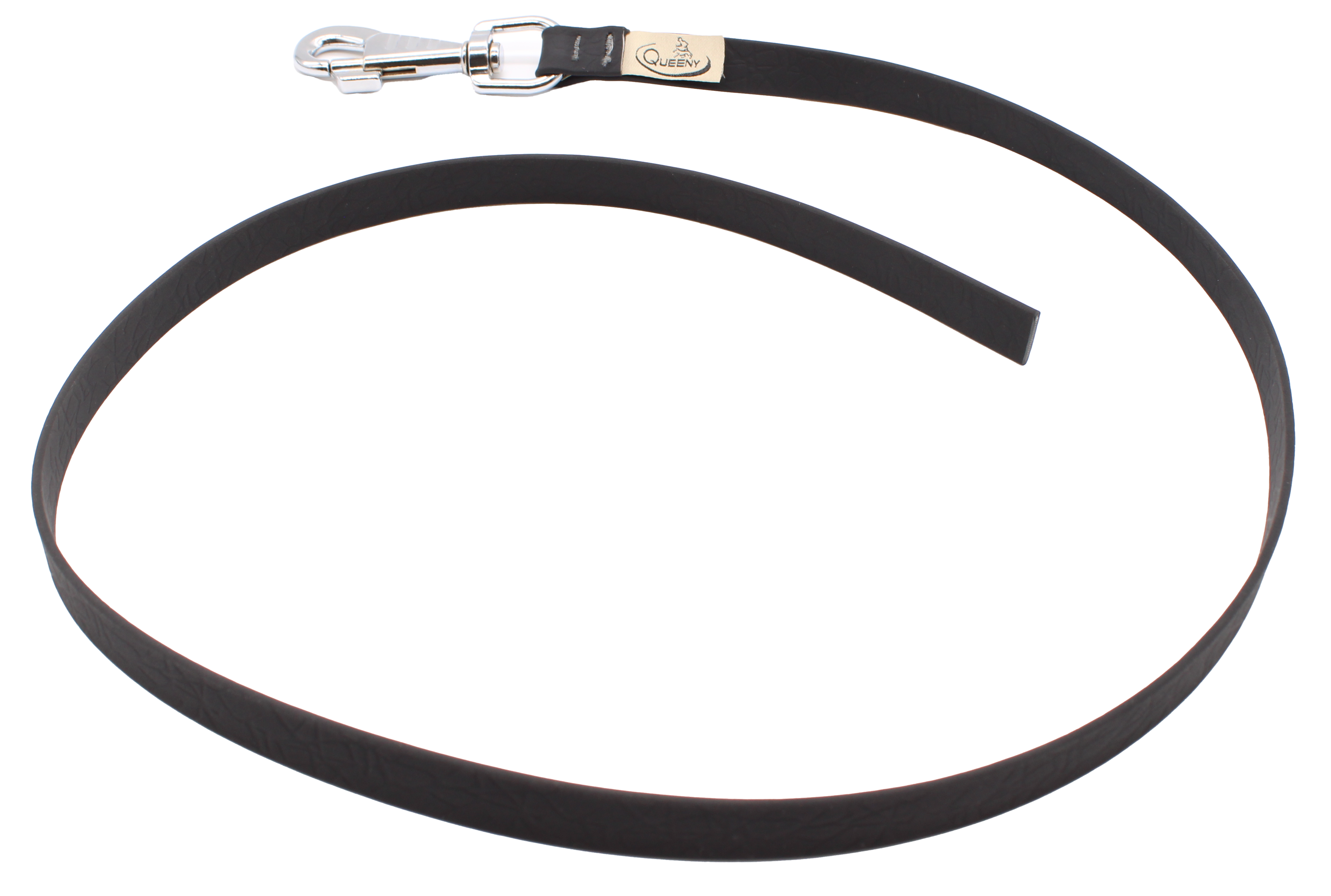 Hundeleine in Dunkelgrauer Farbe mit strukturierter Oberfläche, Metallkarabiner am Ende und kleinem Label nahe dem Verschluss.
