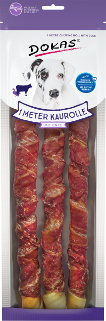 Verpackung mit drei langen Kaustangen aus Entenbrust, sichtbar durch transparenten Bereich; Hund vorne abgebildet, wiederverschließbarer Beutel.