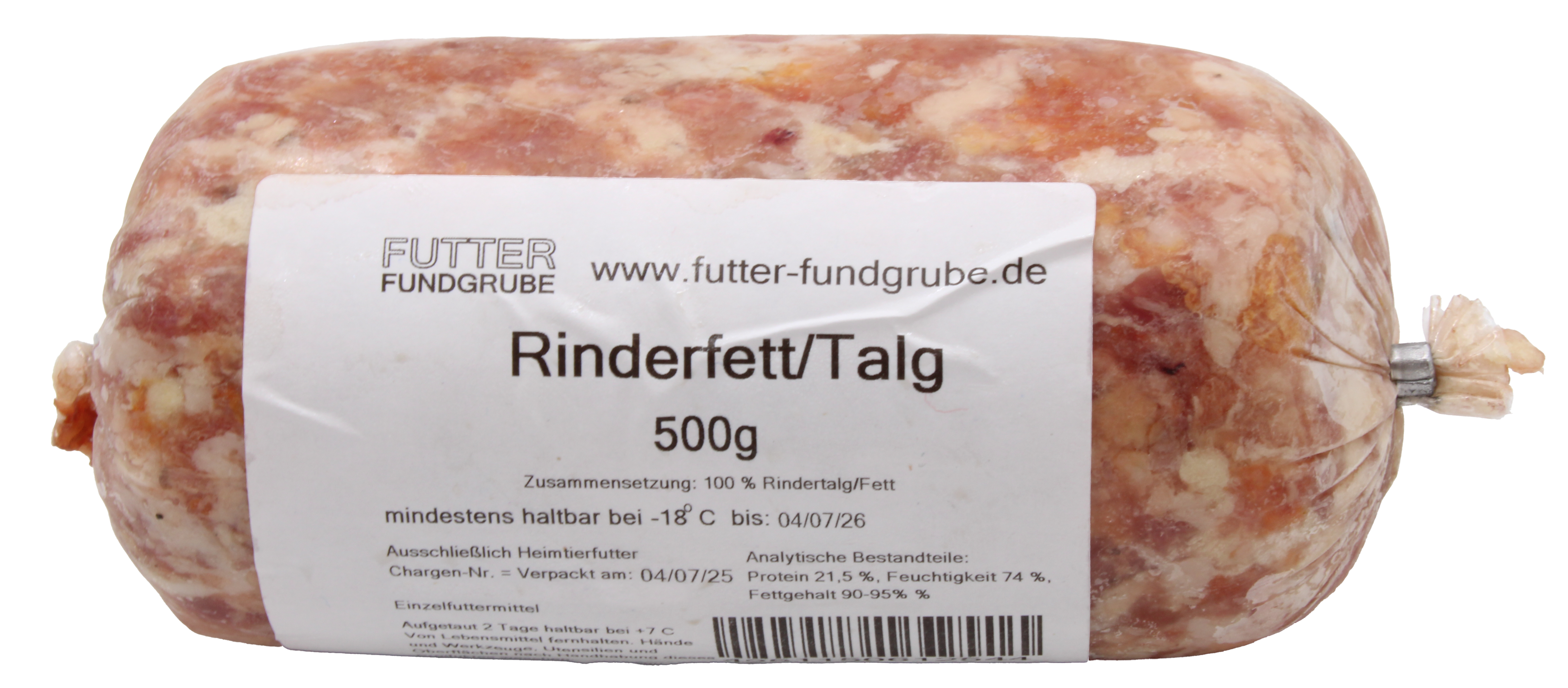 Gefrorene Fleischrolle in transparenter Verpackung, zylindrische Form mit unregelmäßiger Oberfläche, in Rosa-, Weiß- und Hellbrauntönen.