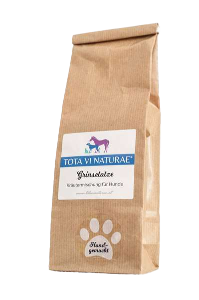 Braune Papiertüte mit Etikett, darauf Illustration eines lilafarbenen Pferdes, eines blauen Hundes und einer blauen Katze, unten weiße Pfote mit Schriftzug.