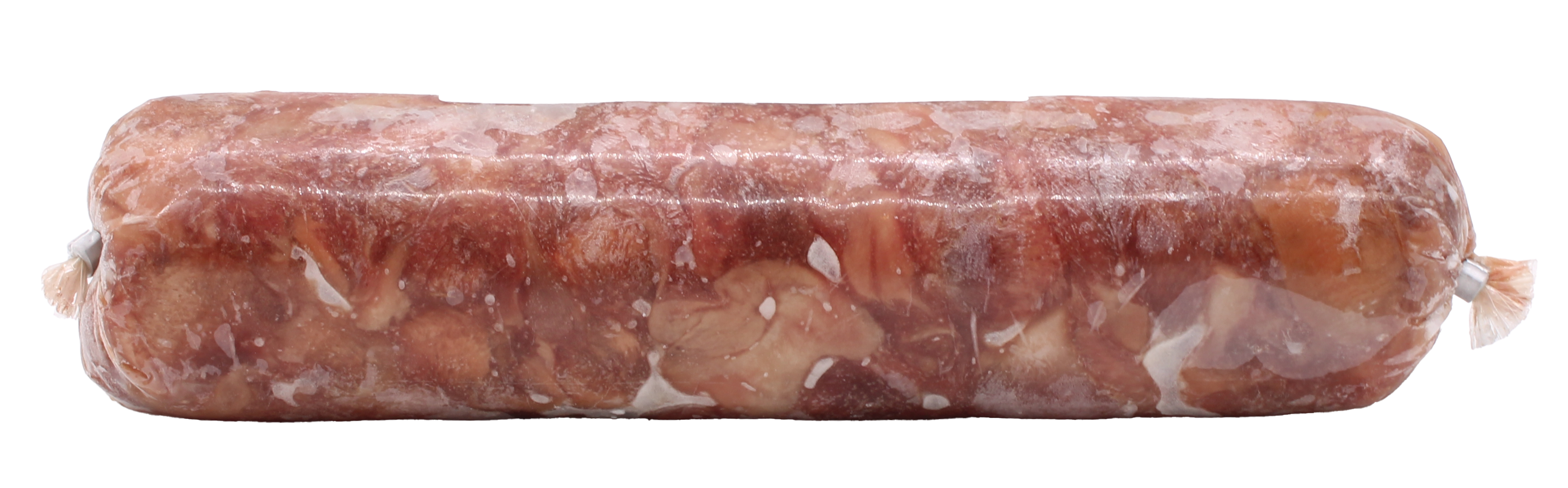 Eine Frostfleischrolle mit grob gewolftem, hellbraun-rosafarbenem Inhalt und sichtbaren Fleischstücken. Die Oberfläche ist leicht glänzend und unregelmäßig gefroren. Verpackt im nicht essbaren Kunstdarm.