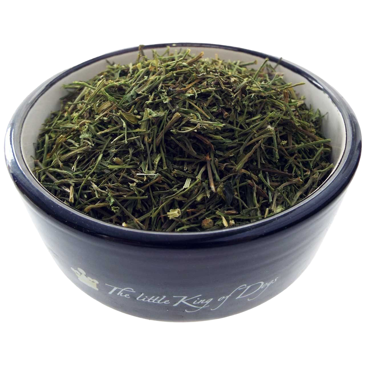 Ein dunkelblauer Napf mit einer locker eingefüllten Portion getrockneter, grünlicher Kräuterstängel mit faseriger Struktur.