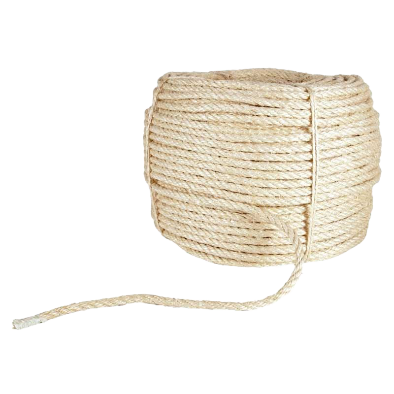 Große Rolle mit beigefarbenem, spiralförmig gewickeltem Seil; glatte, leicht strukturierte Oberfläche mit lockerem Seilende, das seitlich herausragt.