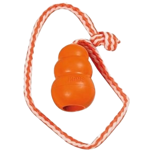 Oranges KONG-Hundespielzeug in Bienenstockform mit weiß-orange gedrehter Kordel, die an einem Ende verknotet ist.
