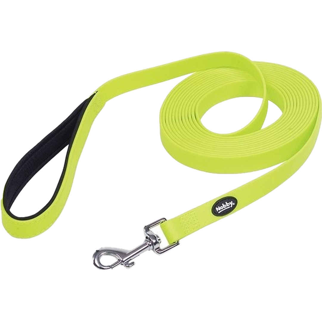 Neongelbe Hundeleine mit schwarzem, gepolstertem Griff, Metallschnapphaken und kleinem Markenetikett.