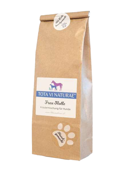 Braune Papiertüte mit Etikett, darauf Illustration eines lilafarbenen Pferdes, eines blauen Hundes und einer blauen Katze, unten weiße Pfote mit Schriftzug.