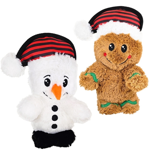 Plüschspielzeug-Set mit einem weißen Schneemann und einer braunen Lebkuchenfigur, beide mit rot-schwarzer Weihnachtsmütze