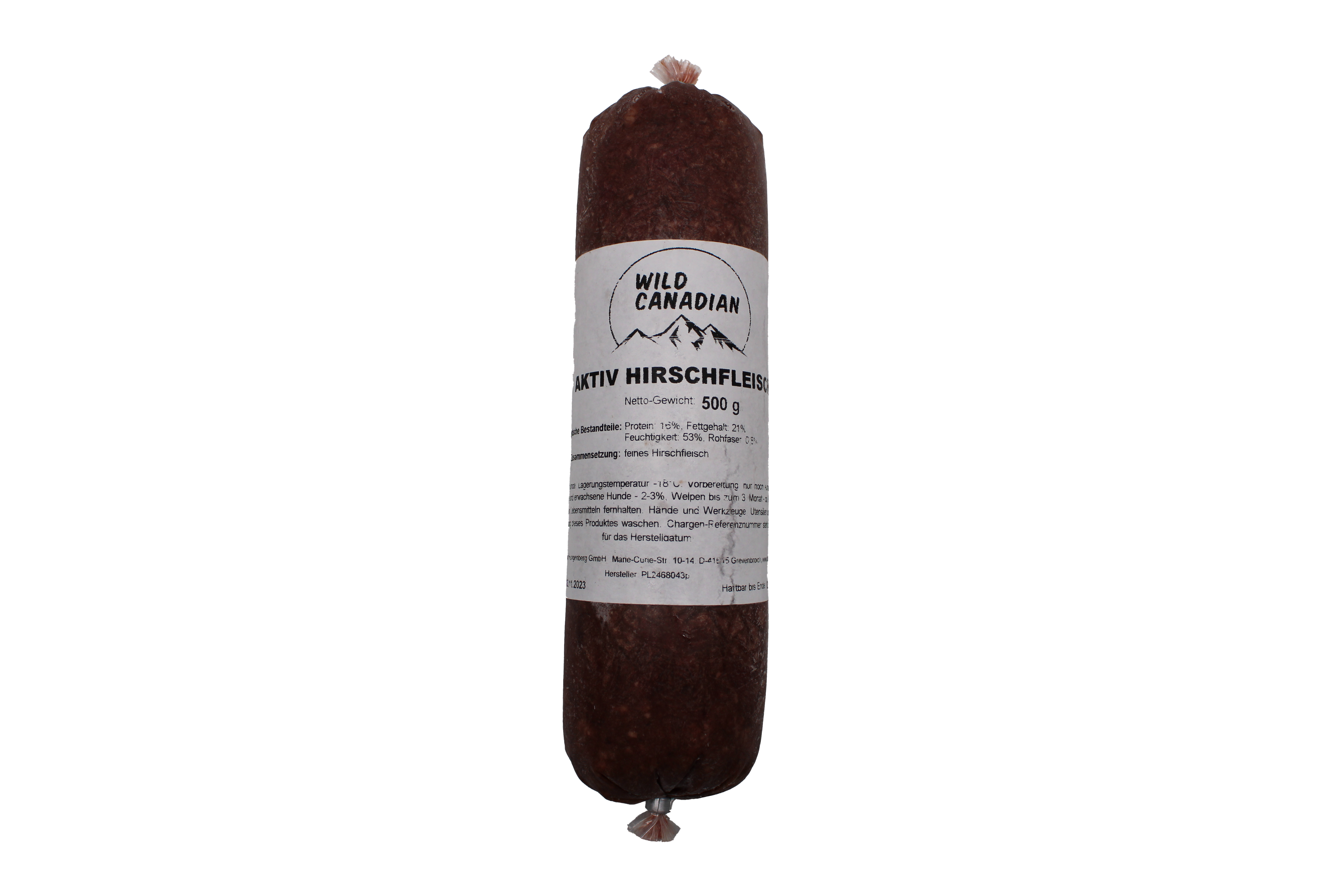 Aktiv Hirschfleisch 500g Eine Frostfleischrolle mit weißem Etikett und der Aufschrift „Aktiv Hirschfleisch“. Verpackt in einem nicht essbaren Kunstdarm. Die Füllung ist dunkelrot und fein gewolft.