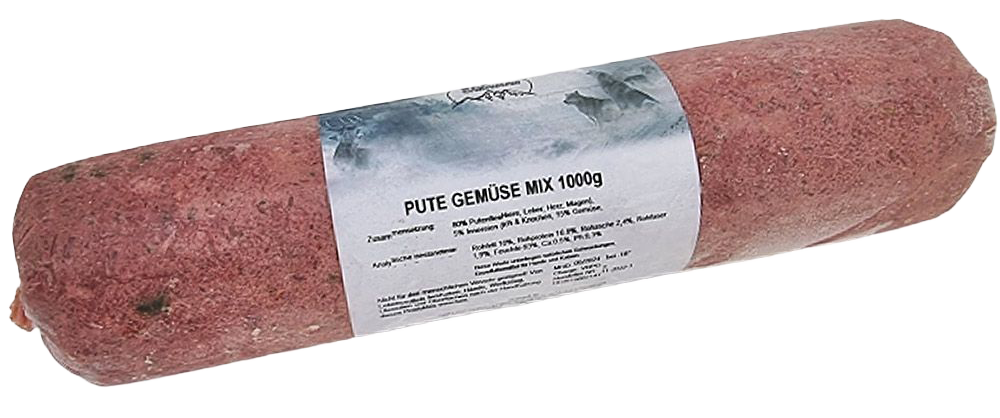Eine Frostfleischrolle mit weißem Etikett und der Aufschrift „Pute Gemüse Mix“. Verpackt in einem nicht essbaren Kunstdarm. Die Füllung ist rosa bis rötlich und fein gewolft.