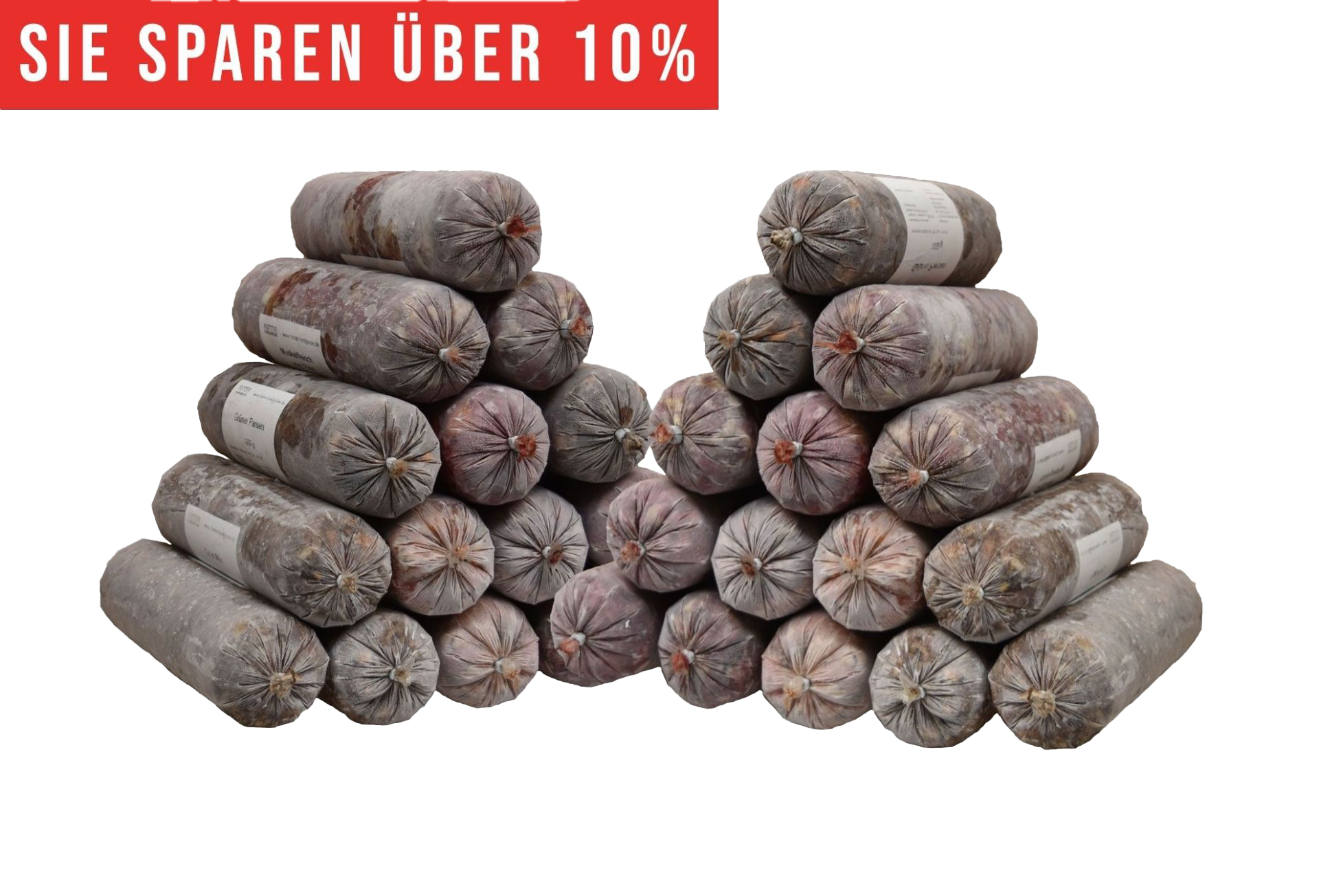 Zwei pyramidenförmig gestapelte Haufen aus gefrorenen Fleischrollen in grauem Kunstdarm. Die Füllung wirkt rötlich bis braun. Oben roter Hinweis „Sie sparen über 10 %“.