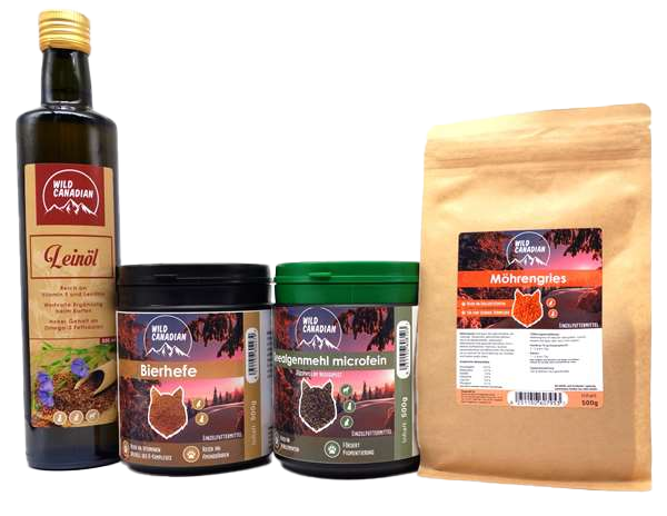 Vier Produkte nebeneinander: braune Flasche, zwei weiße Dosen mit Schraubdeckel und ein Beutel mit Sichtfenster; klare Formen und natürliche Farbgestaltung.